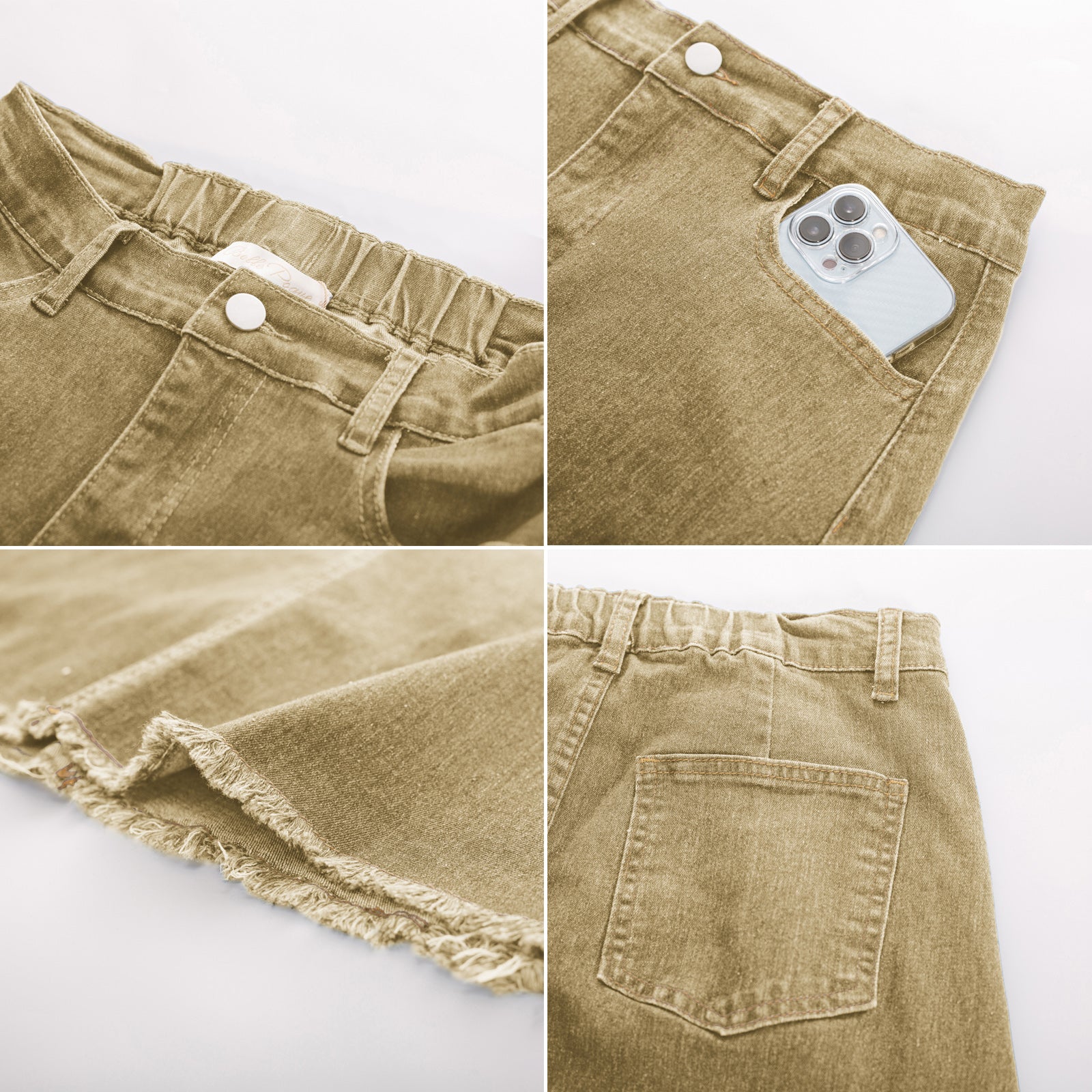 belle poque Multi-Pocket Jean Skirt Elastic High Waist Raw Hem Midi A-Line Skirt