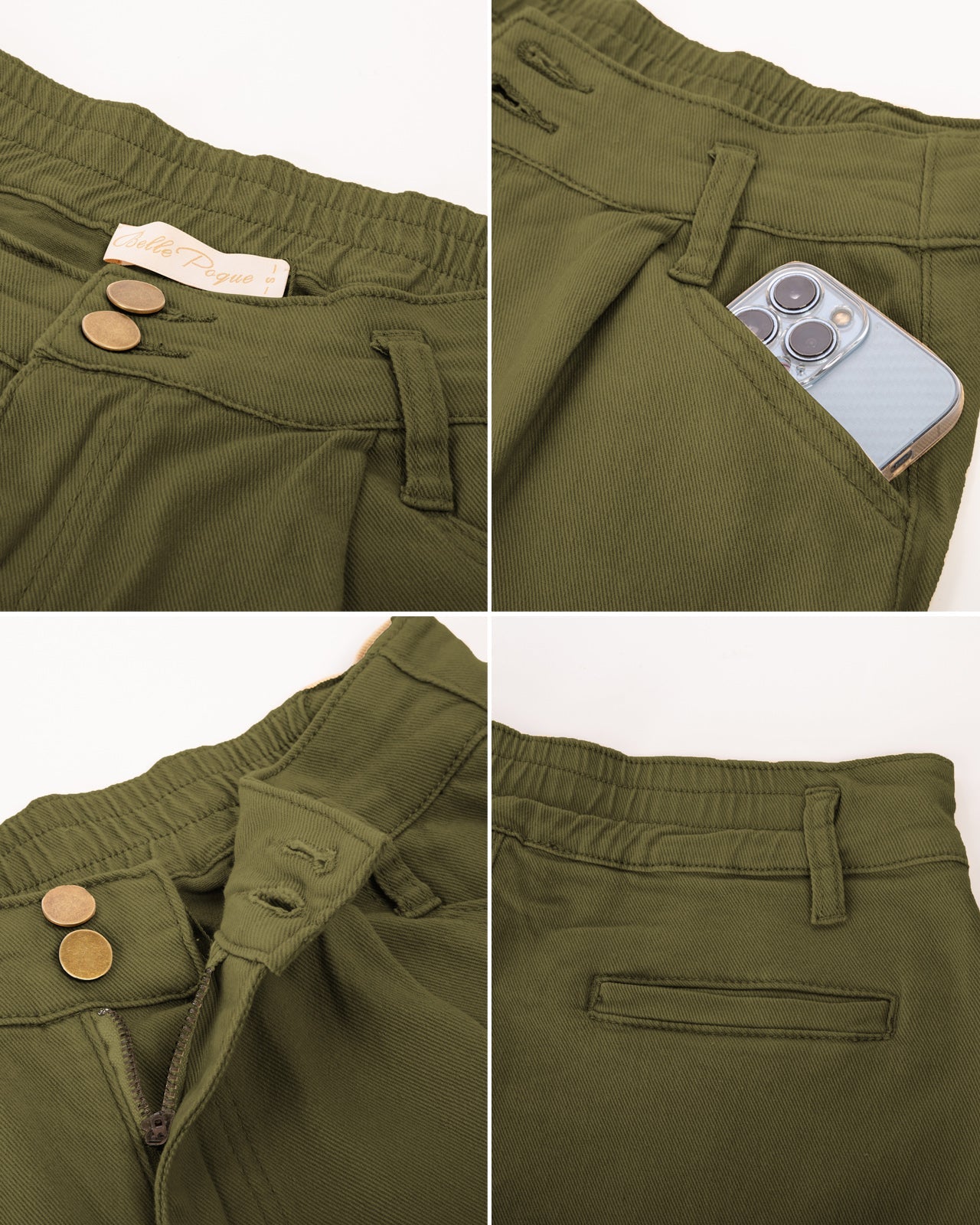 belle poque Bermuda Shorts Elastic Waist Wide Leg Shorts with Pockets & Belts