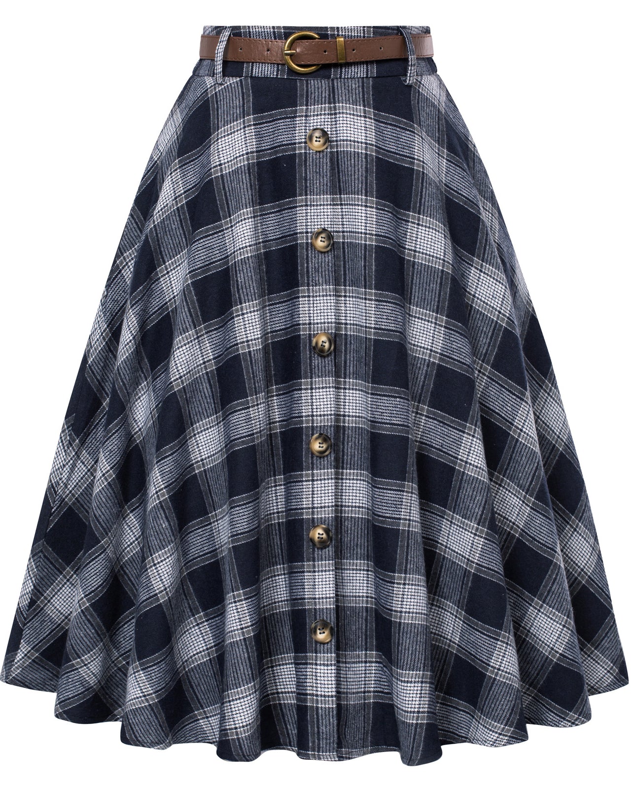 belle poque Swing Plaid Skirt with Belt Elastic High Waist Buttons Decorated Skirt