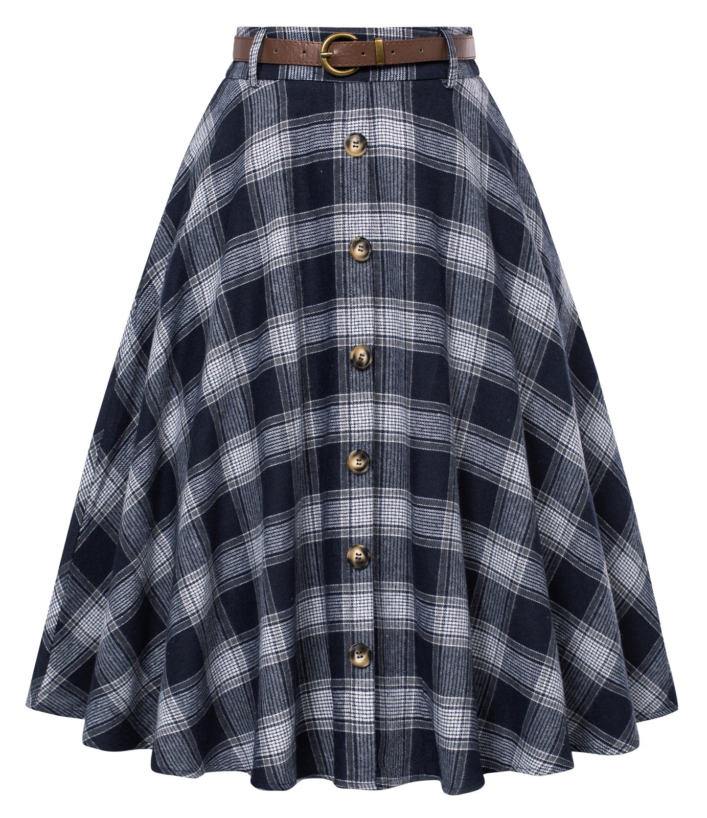 belle poque Swing Plaid Skirt with Belt Elastic High Waist Buttons Decorated Skirt