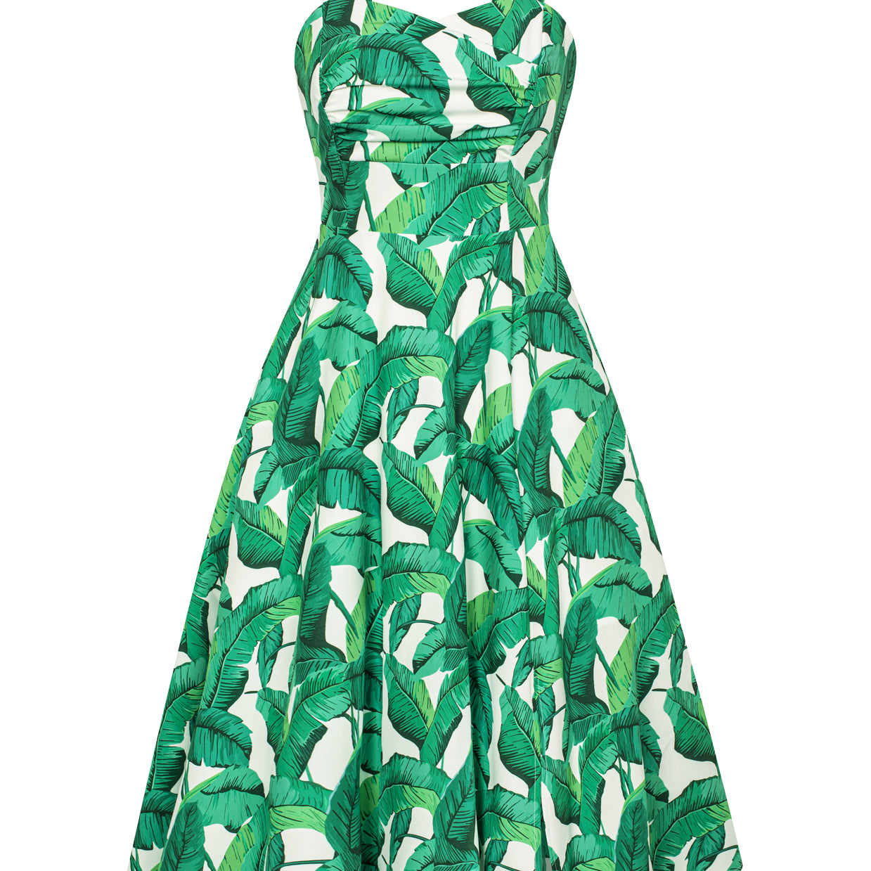 belle poque Vintage Two-Way Defined Waist Dress Ruched Bodice Flared A-Line Dress Leaf