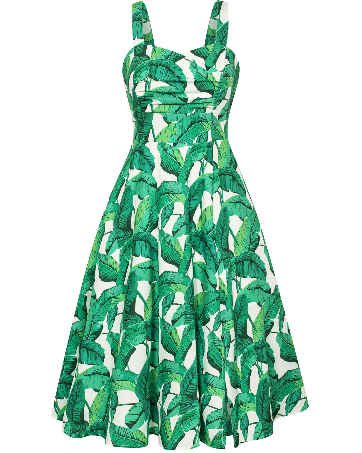 belle poque Vintage Two-Way Defined Waist Dress Ruched Bodice Flared A-Line Dress Leaf