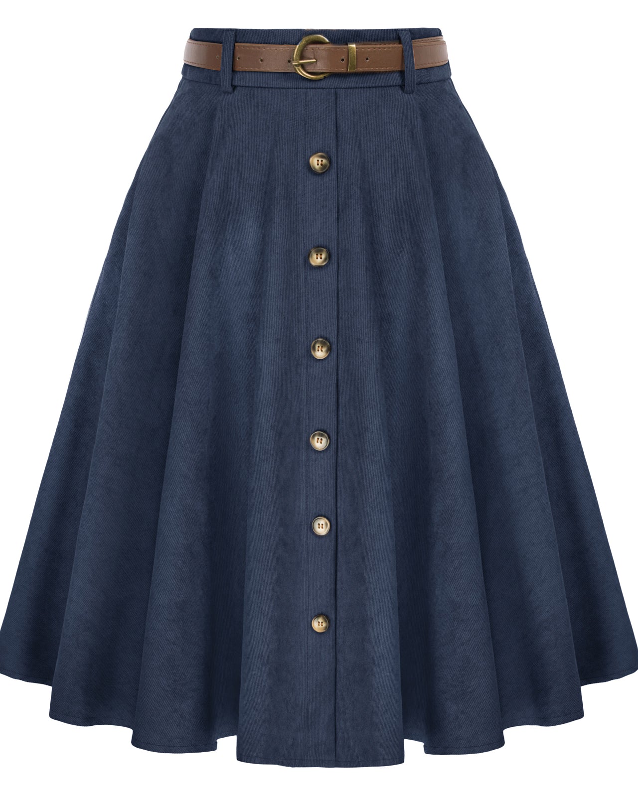 belle poque Corduroy Skirt with Belt Elastic High Waist Mid-Calf Swing Skirt