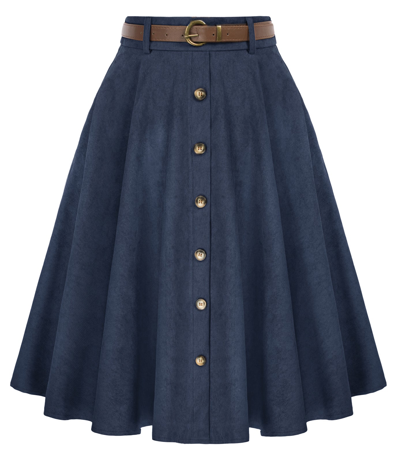 belle poque Corduroy Skirt with Belt Elastic High Waist Mid-Calf Swing Skirt