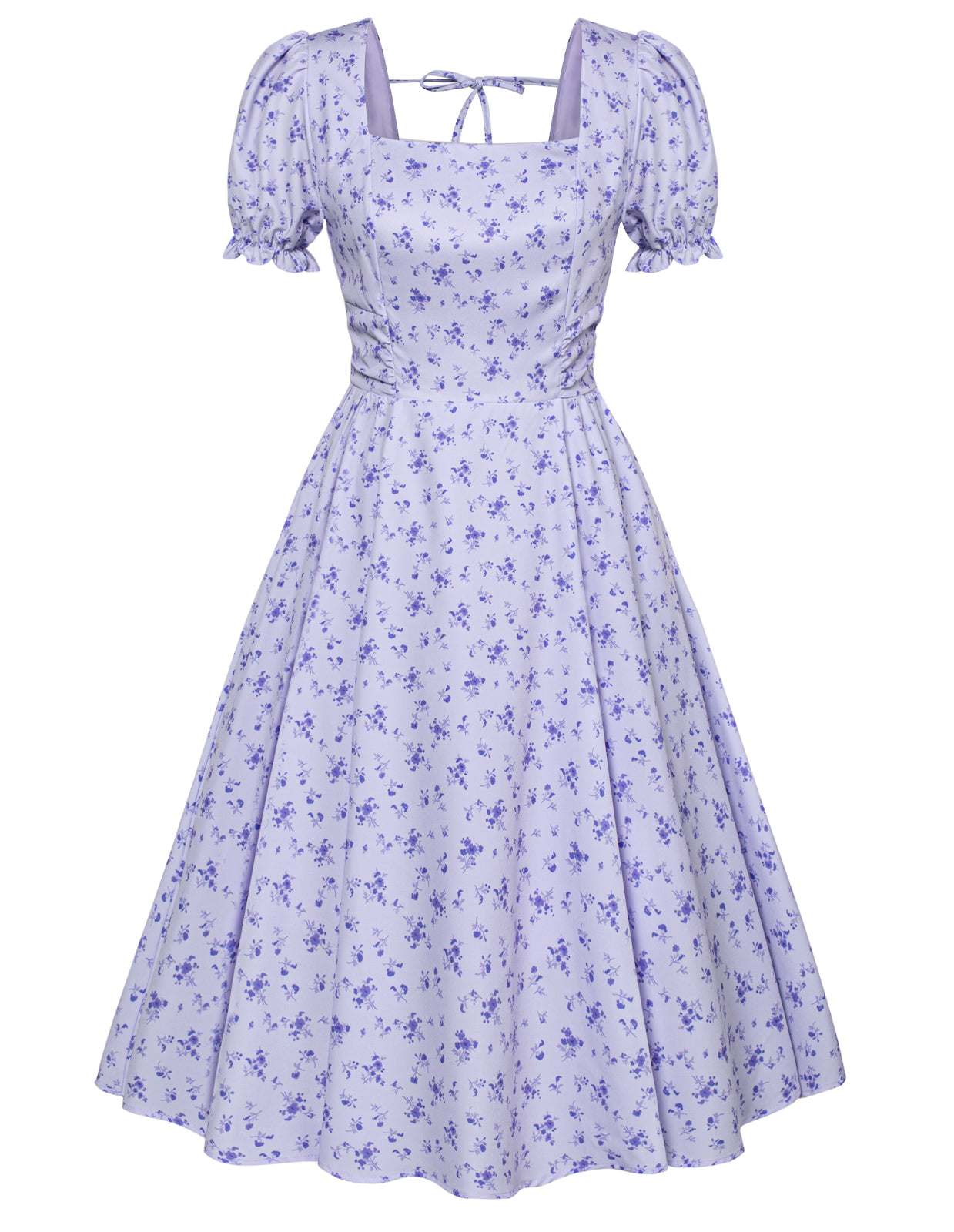 belle poque Vintage Daisy Flower Print Cottagecore Cocktail Dresses Square Neck Puff Sleeve Dress with Pockets Floral Purple
