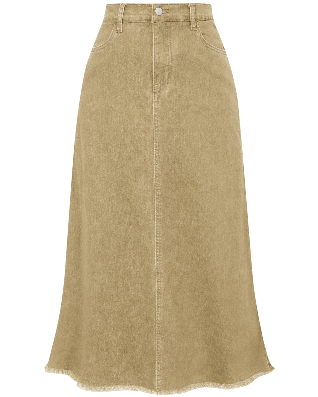 belle poque Multi-Pocket Jean Skirt Elastic High Waist Raw Hem Midi A-Line Skirt Khaki