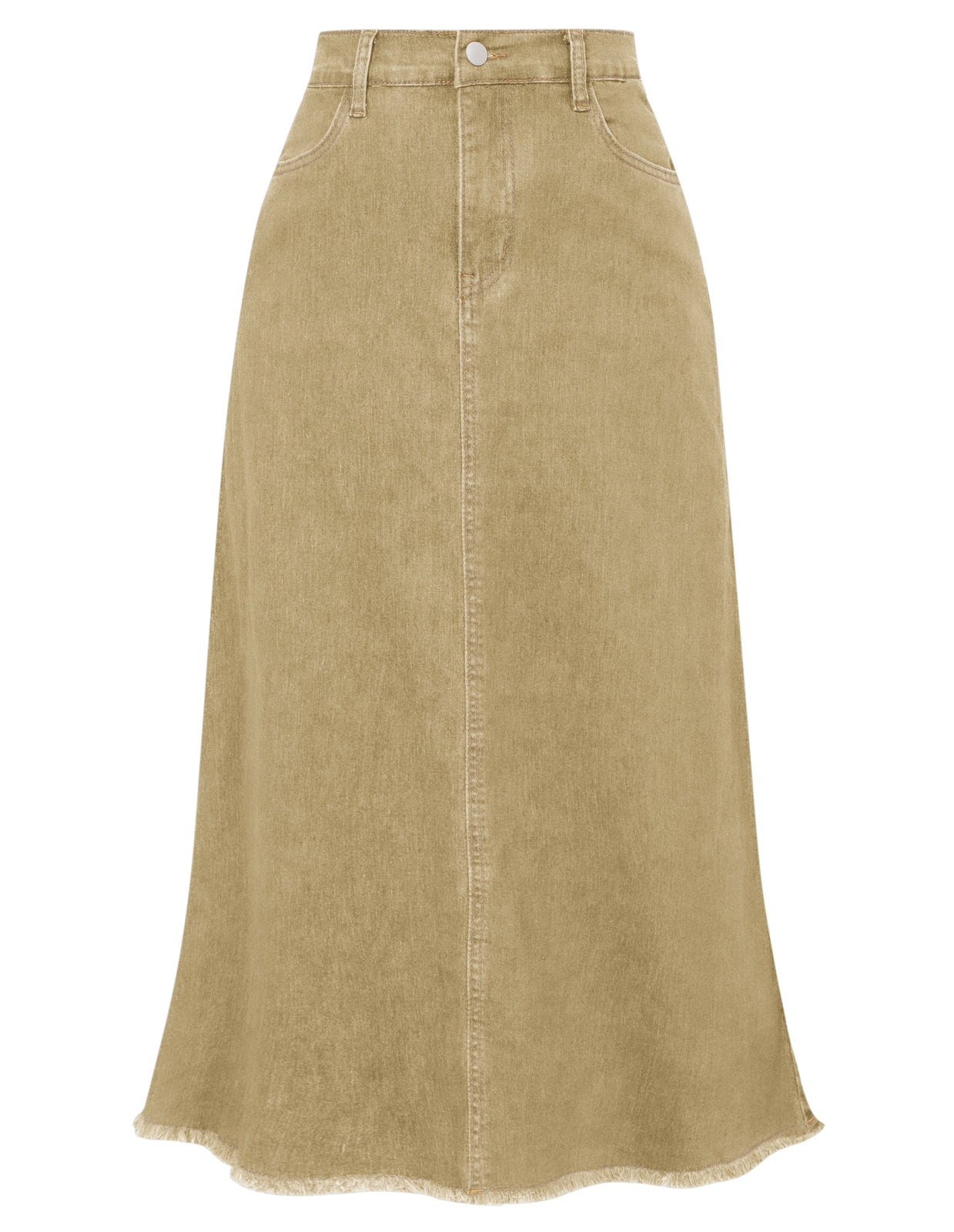 belle poque Multi-Pocket Jean Skirt Elastic High Waist Raw Hem Midi A-Line Skirt Khaki