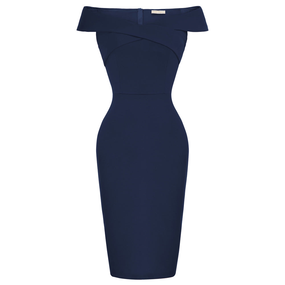 belle poque Seckill Offer⌛Vintage Off Shoulder V Neck Bodycon Pencil Dress Short Sleeve Homecoming Bodycon Dress Work Cocktail Navy Blue