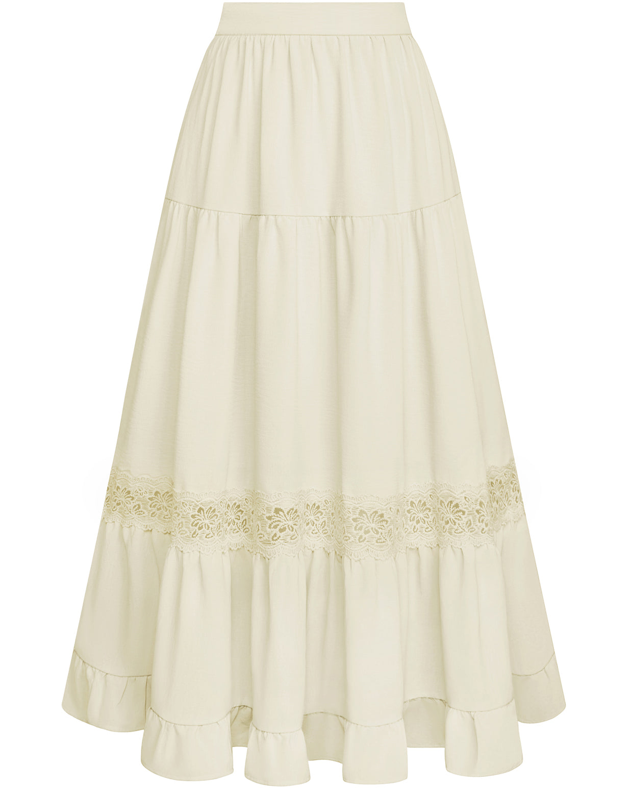 belle poque Women's Midi Skirt Boho Flowy Aline Ruffle Lace Tiered Skirt with Pockets 2025 Beige