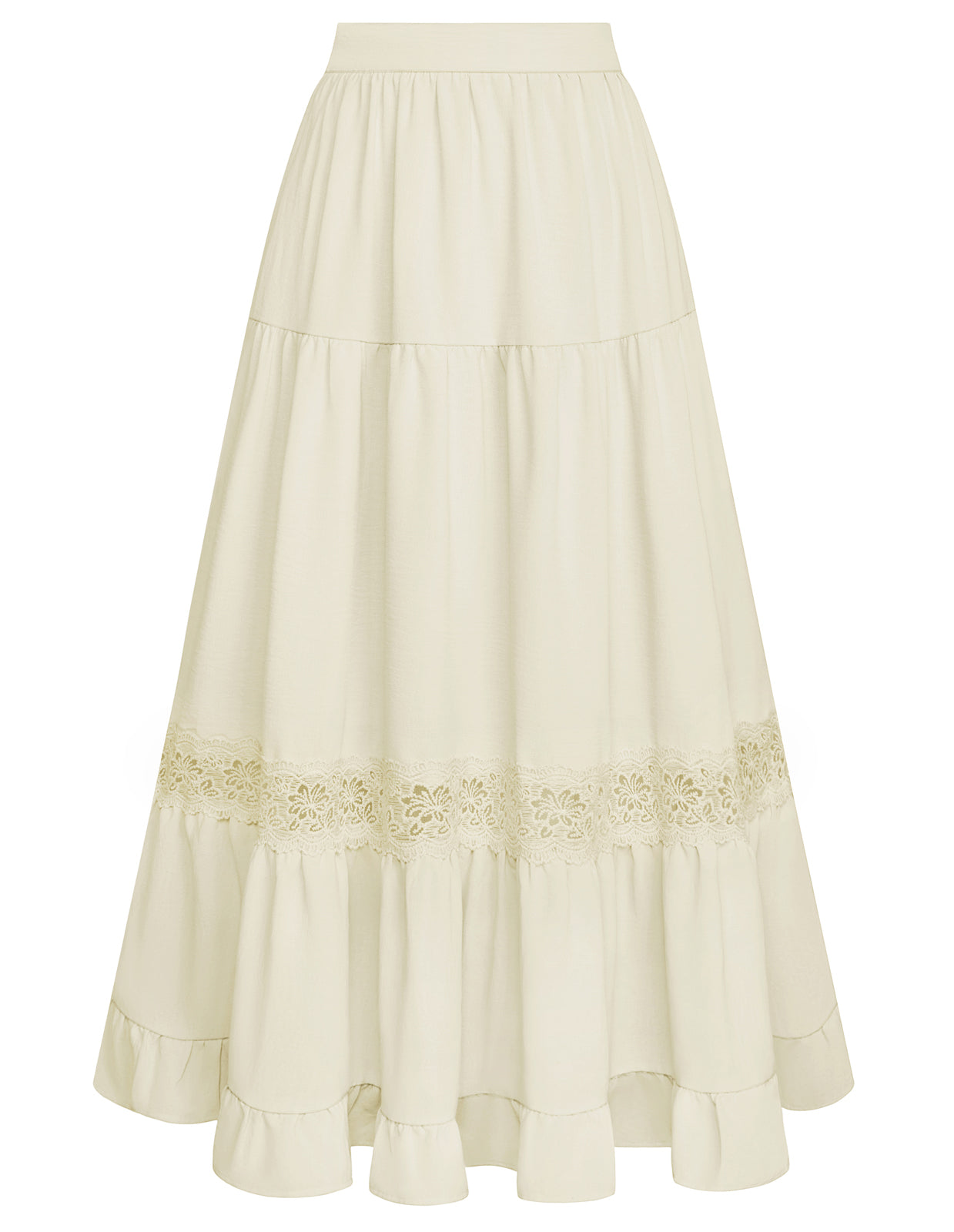 belle poque Women Vintage Tiered Swing Skirt Elastic Waist Ruffled Hem Mid-Calf Skirt Beige