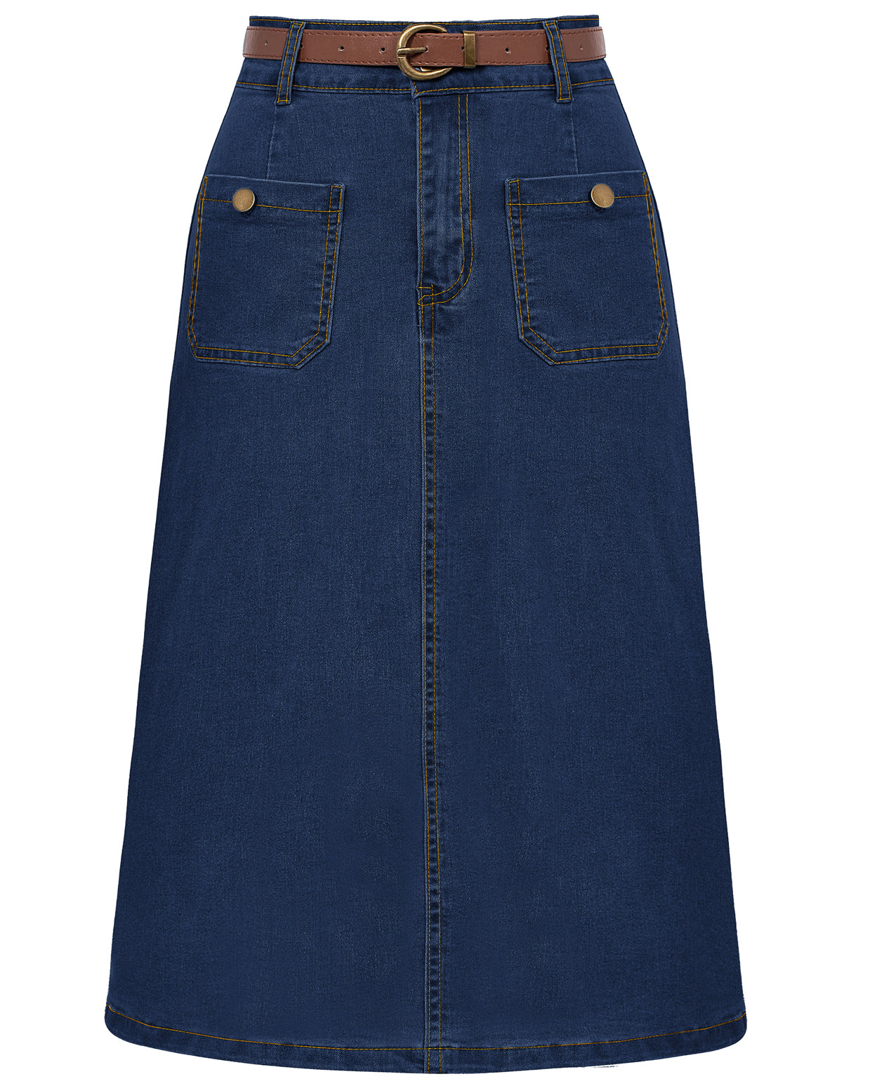 belle poque Denim Skirt with Belt Knee Length High Waisted Jean Skirts for Women Deep Blue