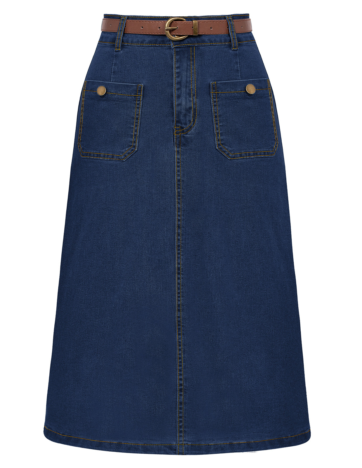 belle poque Denim Skirt with Belt Knee Length High Waisted Jean Skirts for Women Deep Blue