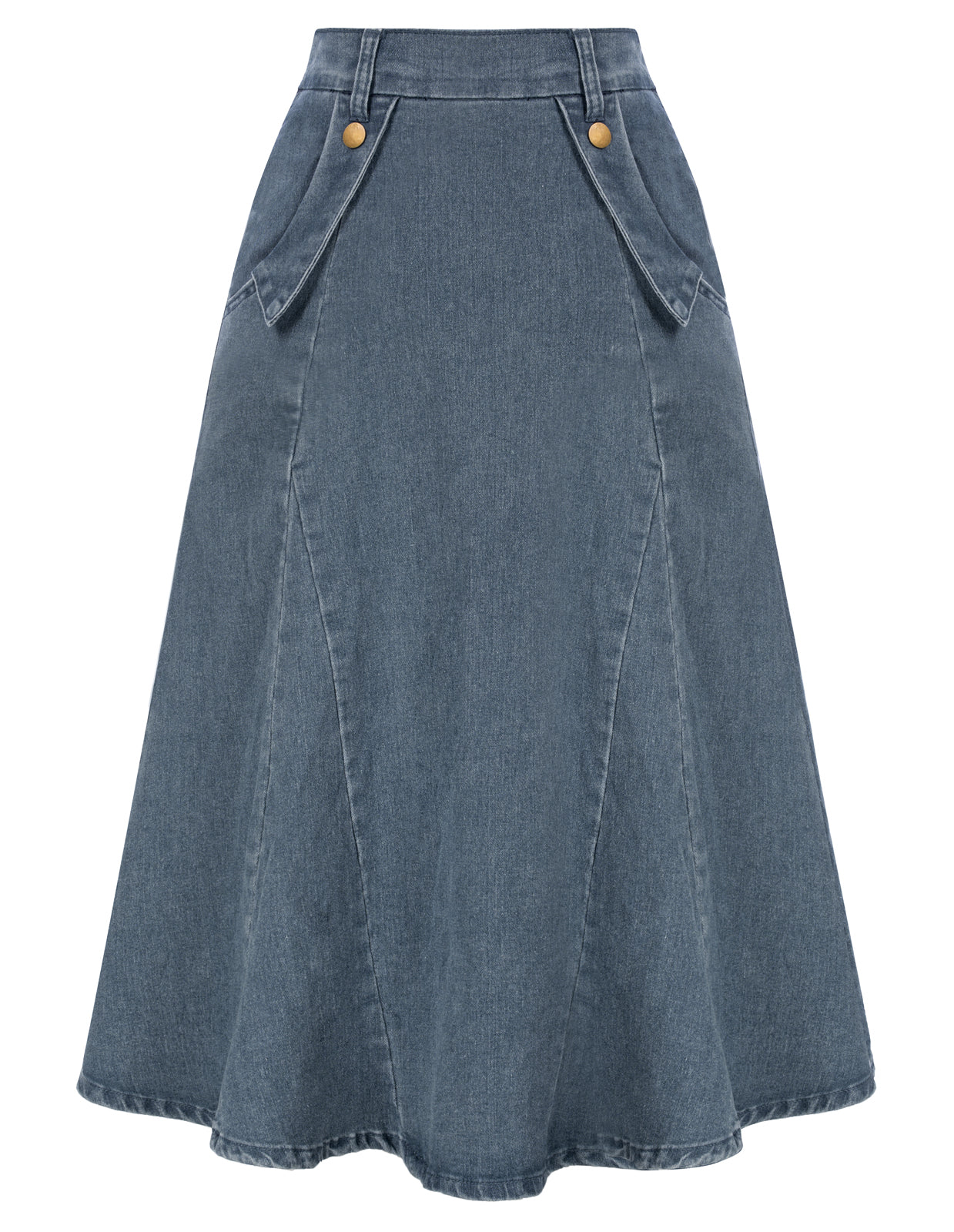 belle poque Denim Skirts Knee Length Vintage Elastic High Waist A-Line Midi Jean Skirts with Pockets Denim Blue