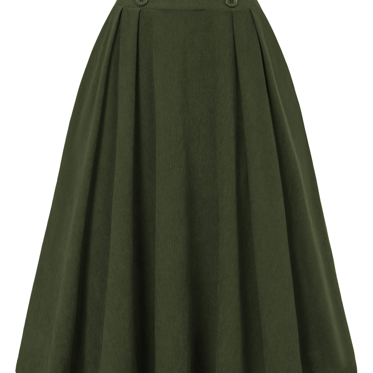 belle poque Vintage Corduroy Skirt Elastic High Waist Buttons Decorated Swing Skirt with Pockets Green