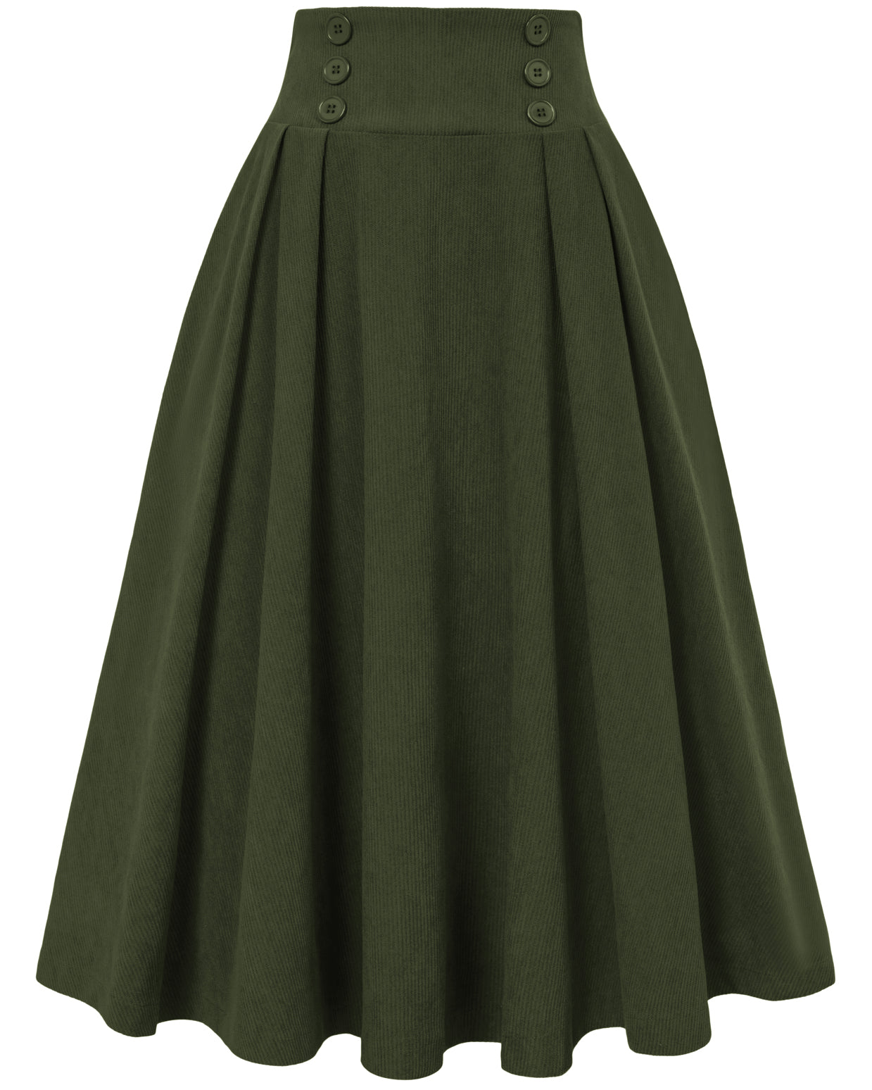 belle poque Vintage Corduroy Skirt Elastic High Waist Buttons Decorated Swing Skirt with Pockets Green