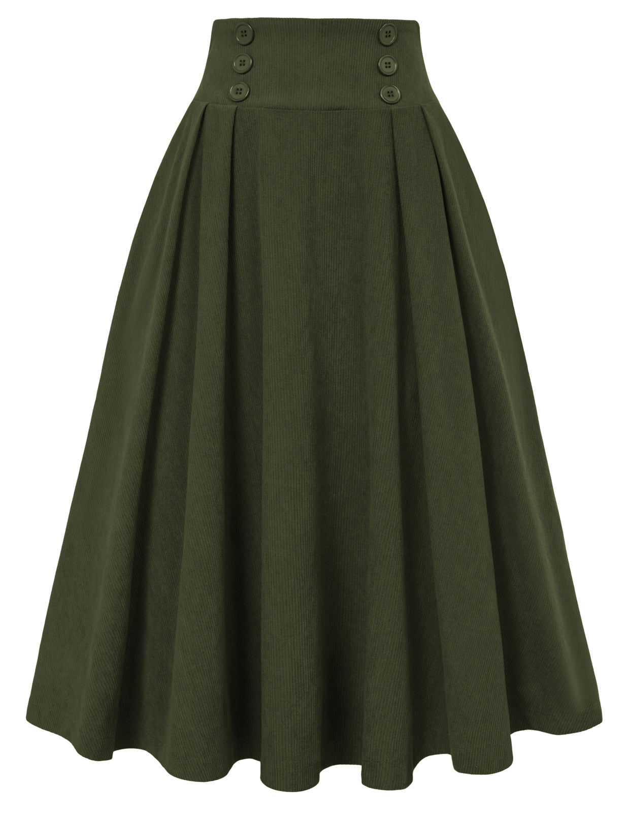 belle poque Vintage Corduroy Skirt Elastic High Waist Buttons Decorated Swing Skirt with Pockets Green