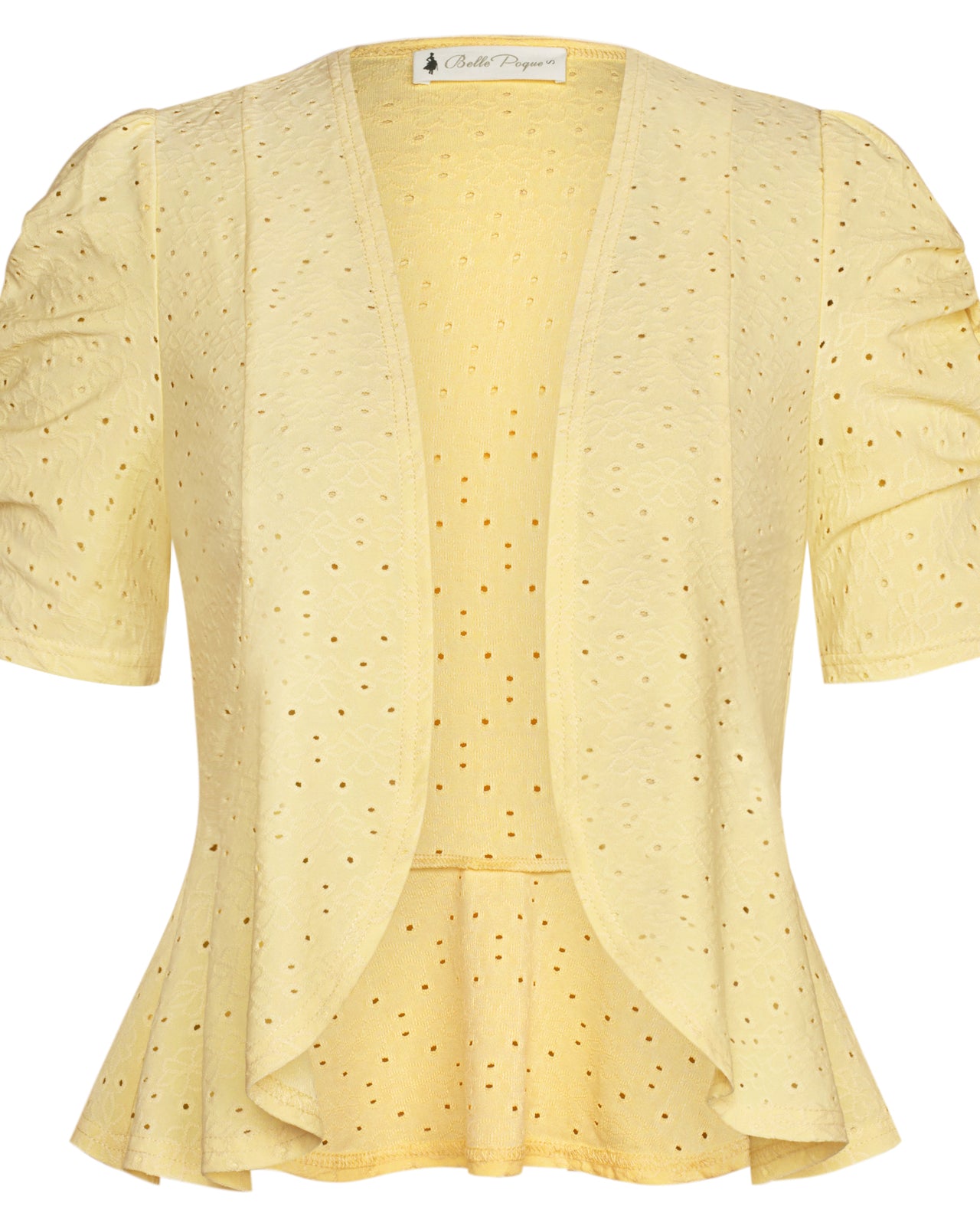 belle poque Women Vintage Hollowed-out Shrug Ruched Short Sleeve Open Front Tops Yellow