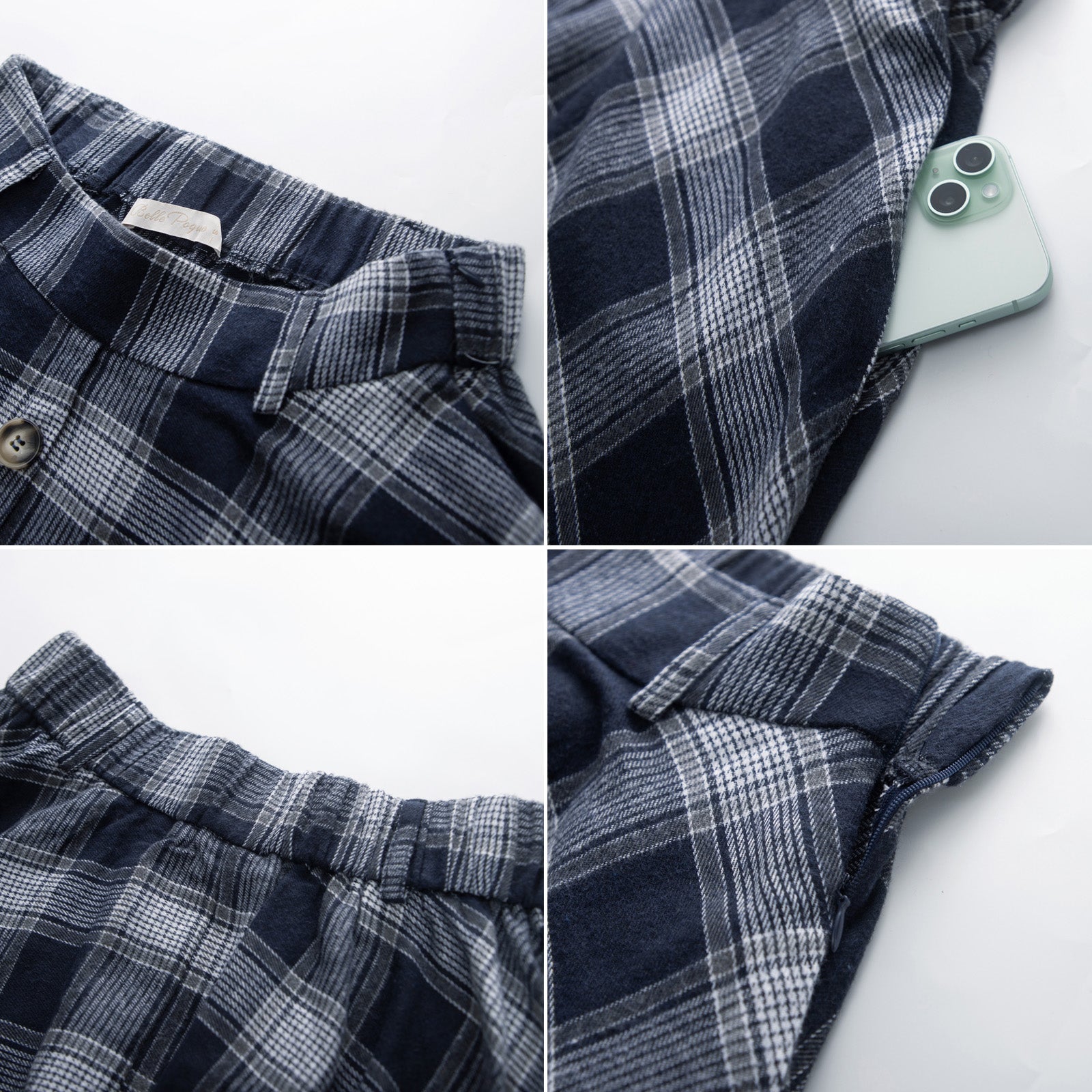 belle poque Swing Plaid Skirt with Belt Elastic High Waist Buttons Decorated Skirt