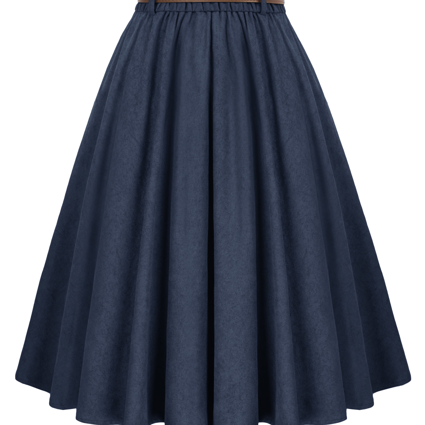 belle poque Corduroy Skirt with Belt Elastic High Waist Mid-Calf Swing Skirt Lavy blue