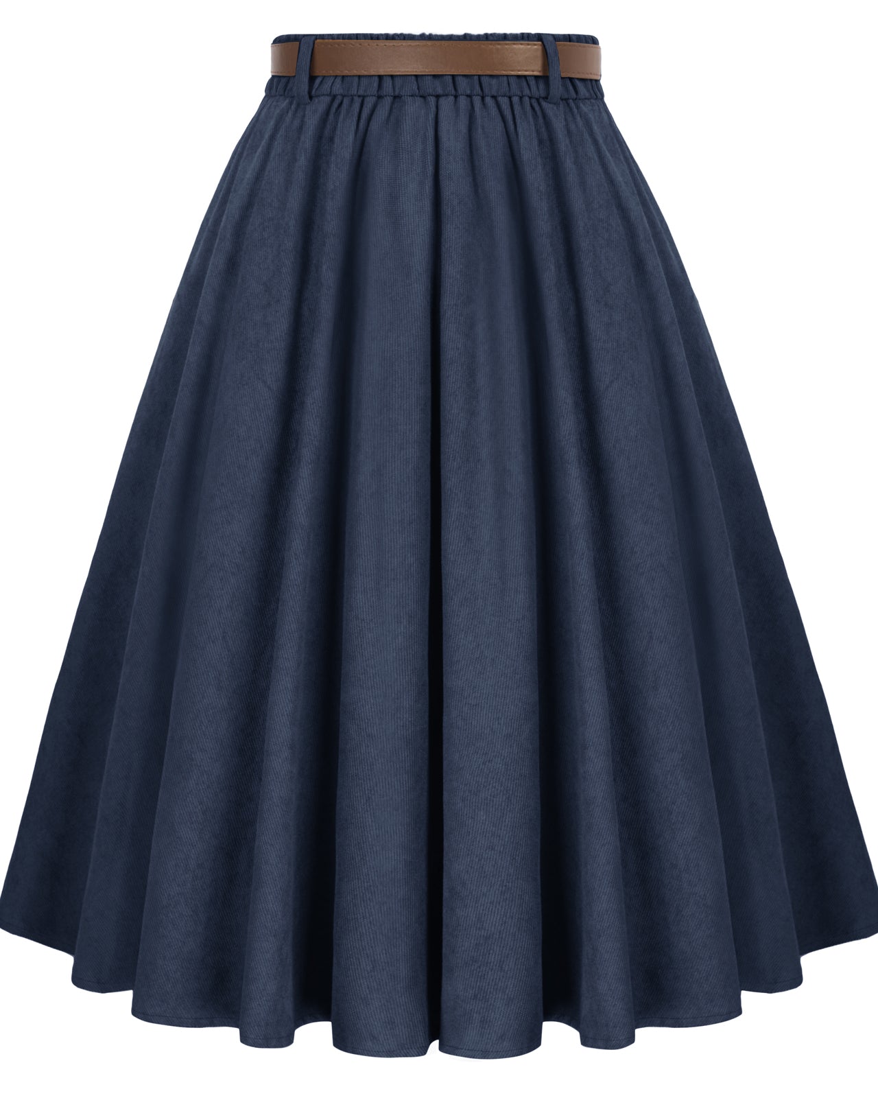belle poque Corduroy Skirt with Belt Elastic High Waist Mid-Calf Swing Skirt Lavy blue