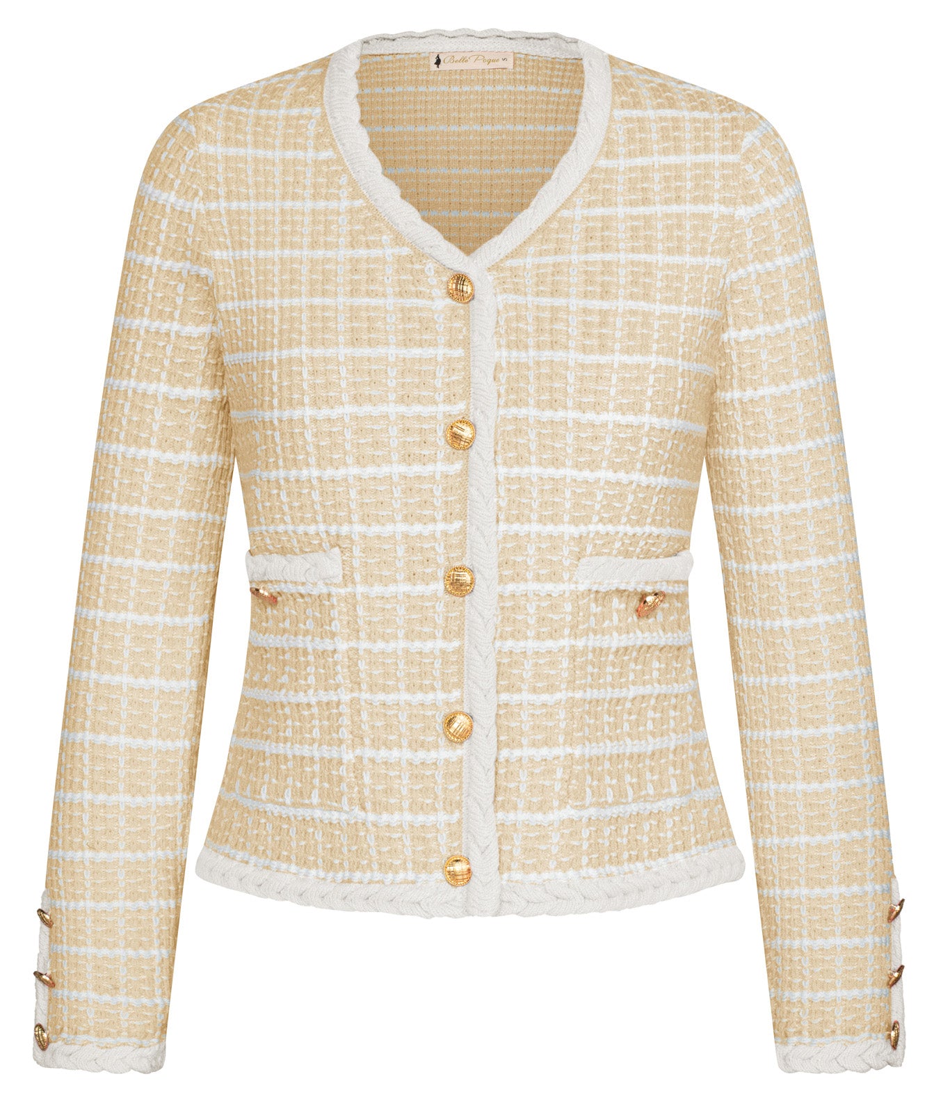 belle poque Contrast Color Cardigan Long Sleeve V-Neck Cable Knitted Sweater Yellow