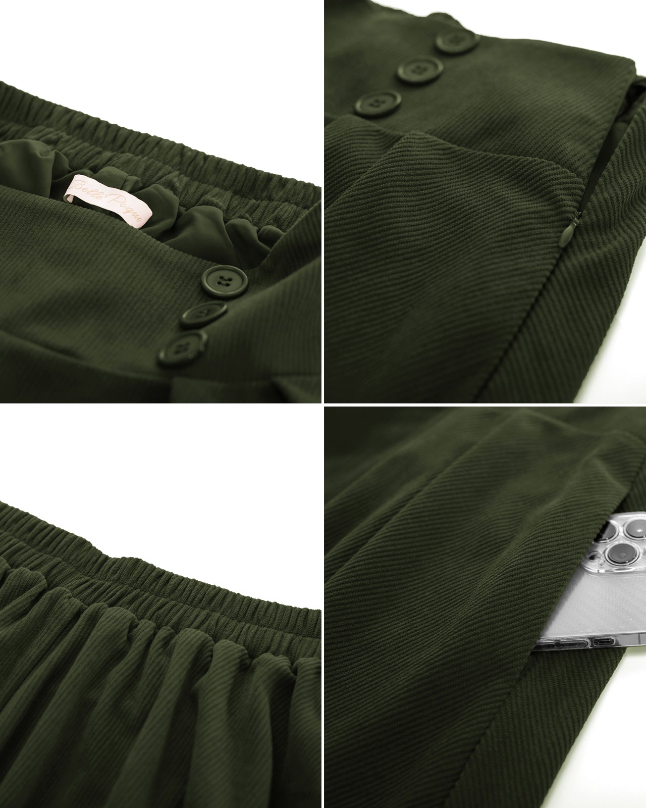 belle poque Vintage Corduroy Skirt Elastic High Waist Buttons Decorated Swing Skirt with Pockets