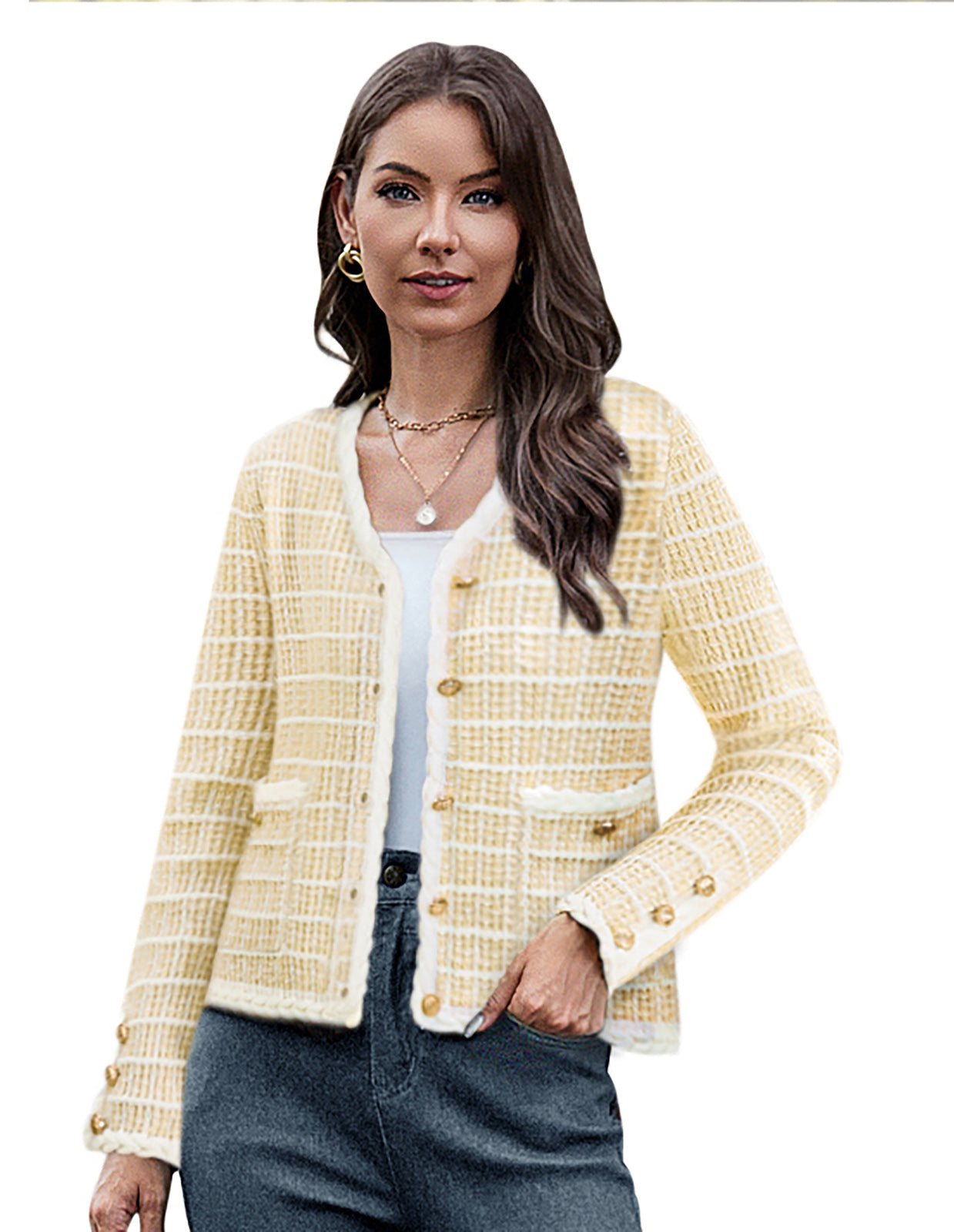 belle poque Contrast Color Cardigan Long Sleeve V-Neck Cable Knitted Sweater