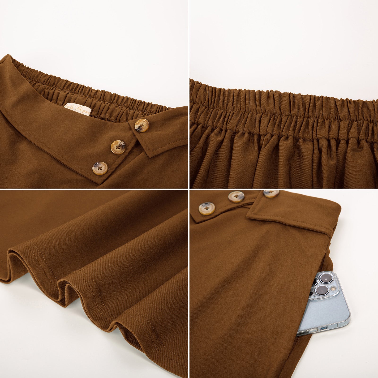 belle poque Vintage A-Line Skirt High Waisted Midi Skirt with Pockets & Buttons