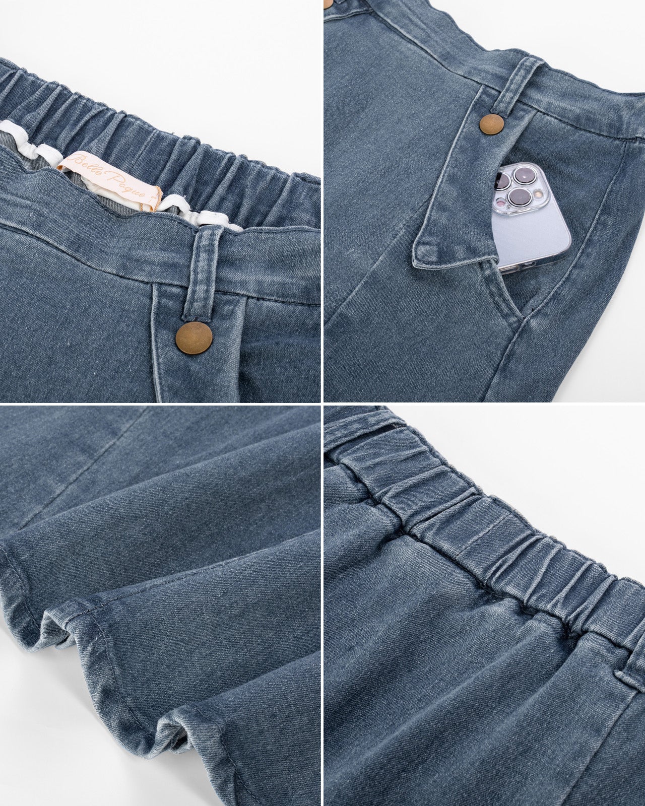 belle poque Denim Skirts Knee Length Vintage Elastic High Waist A-Line Midi Jean Skirts with Pockets