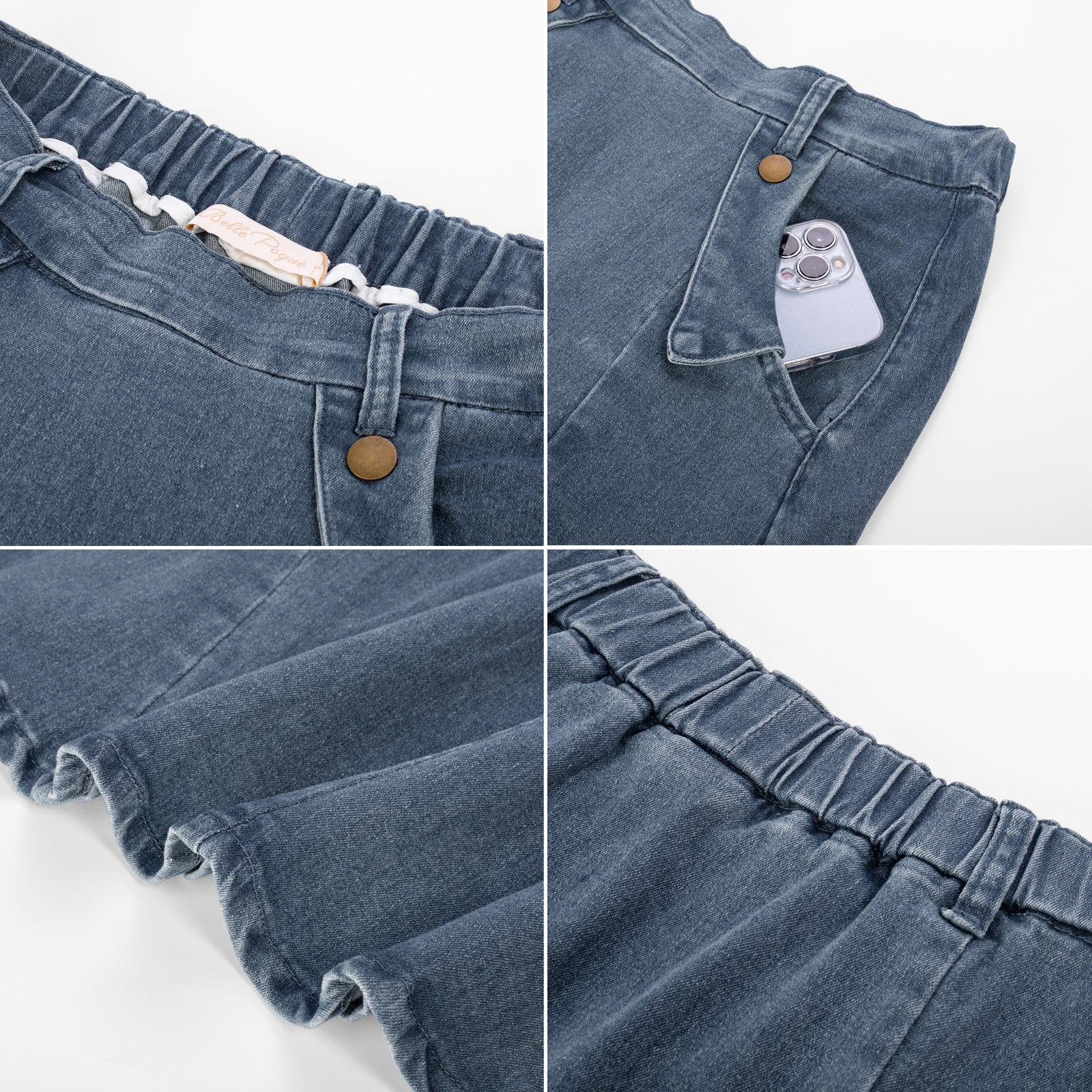 belle poque Denim Skirts Knee Length Vintage Elastic High Waist A-Line Midi Jean Skirts with Pockets