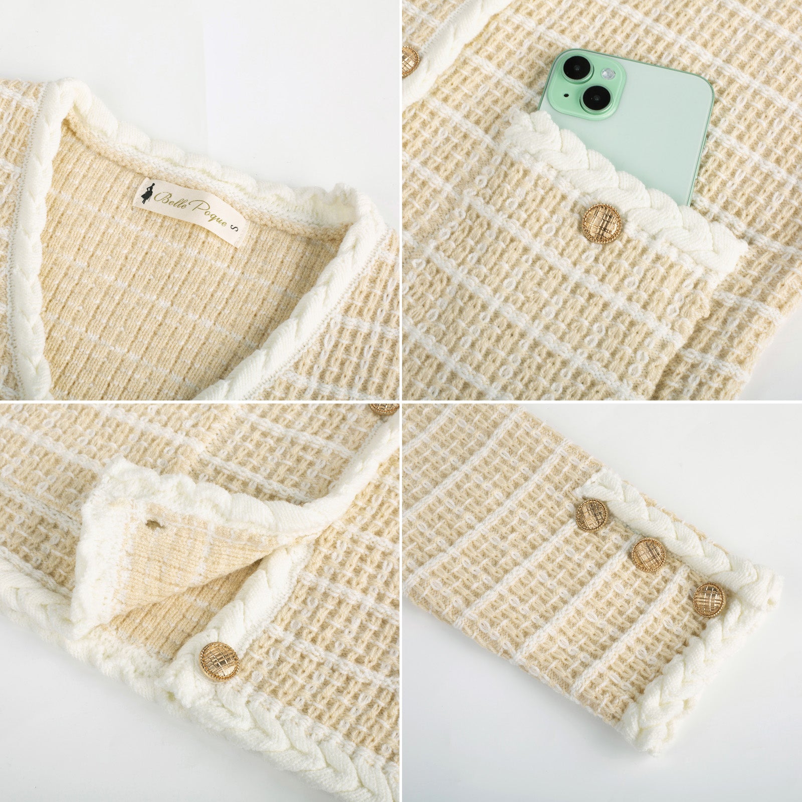 belle poque Contrast Color Cardigan Long Sleeve V-Neck Cable Knitted Sweater