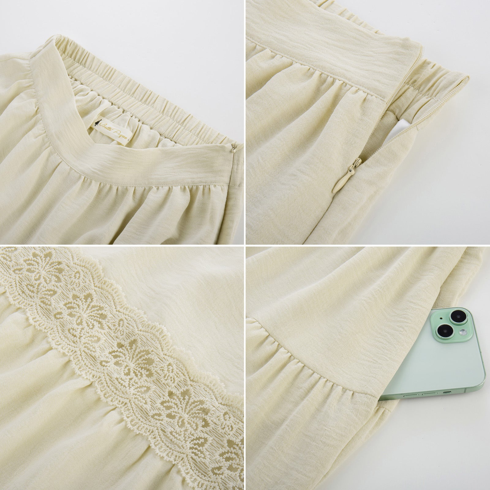 belle poque Women Vintage Tiered Swing Skirt Elastic Waist Ruffled Hem Mid-Calf Skirt