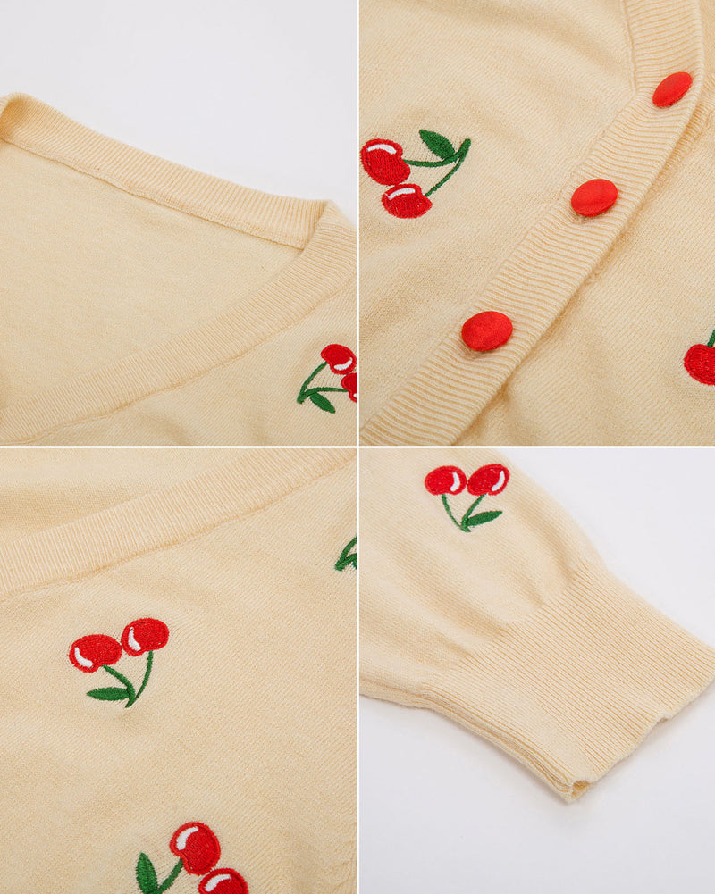 belle poque 3/4 Sleeve V-Neck Button Down Cherries Embroidery Cropped Cardigan Sweater Coat