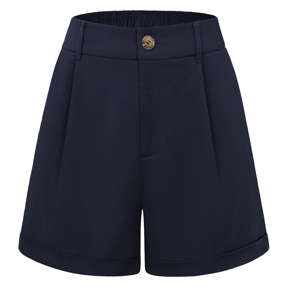 belle poque 2026 Women Vintage 100% Cotton Shorts Wide Leg Shorts with Pockets Dark Blue