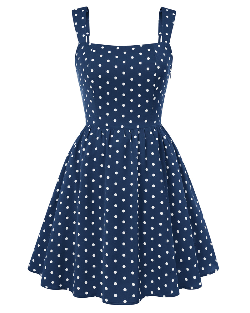 belle poque Women 1950s Vintage Polka-Dots Dress Semi-Formal Mini Dresses Blue