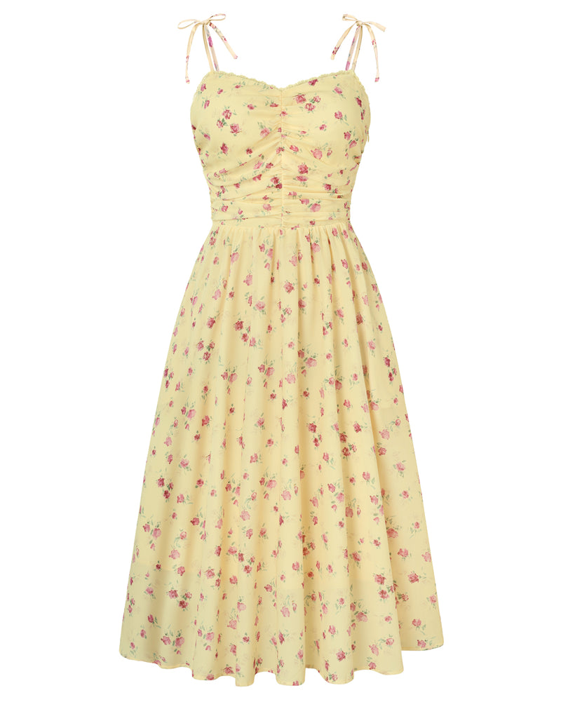 belle poque Women Spring Summer Milkmaid Dress 2026 Floral Midi Tea Party Ruched Sun Dresses Yellow
