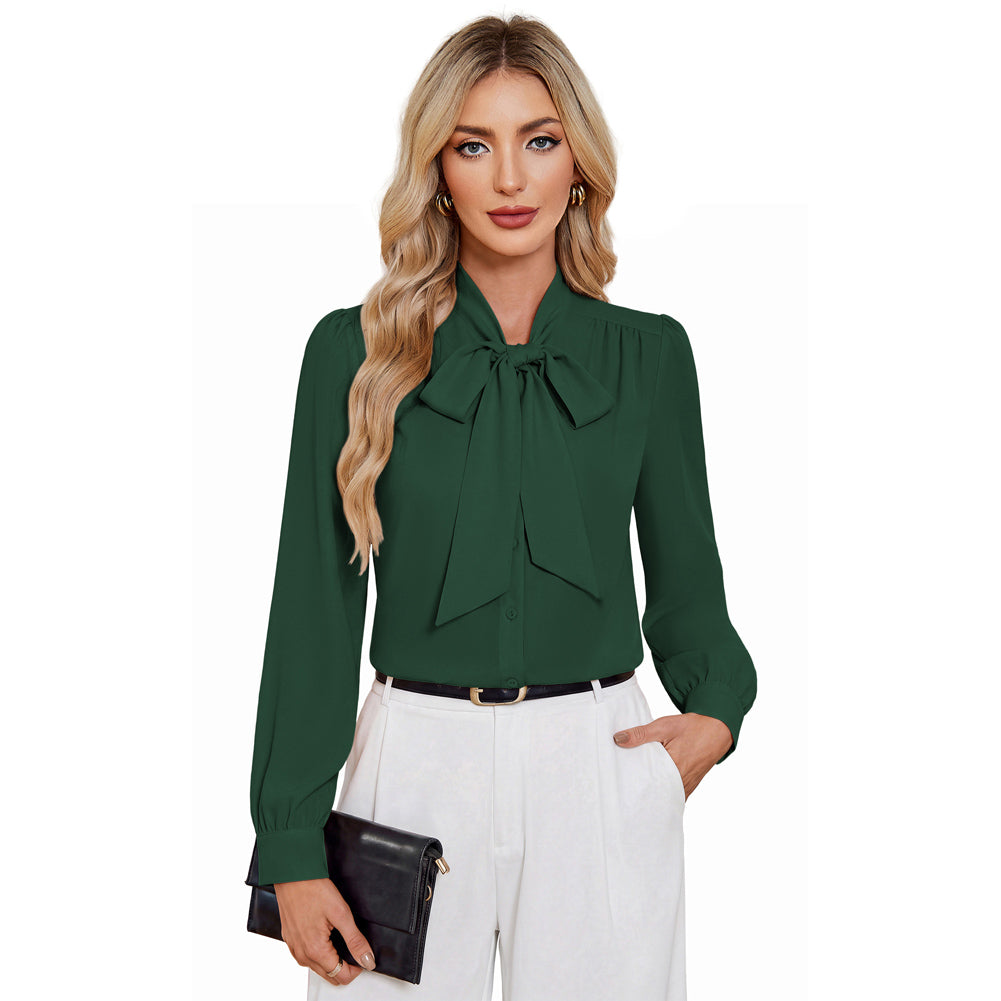 Women Vintage Long Sleeve Bow-Knot Decorated Button-up Tops