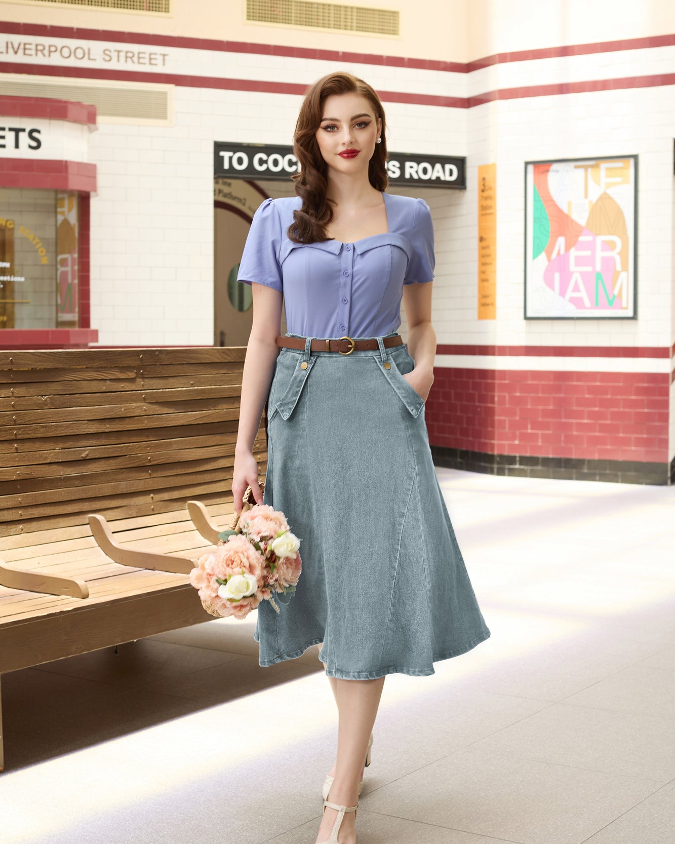 belle poque Denim Skirts Knee Length Vintage Elastic High Waist A-Line Midi Jean Skirts with Pockets