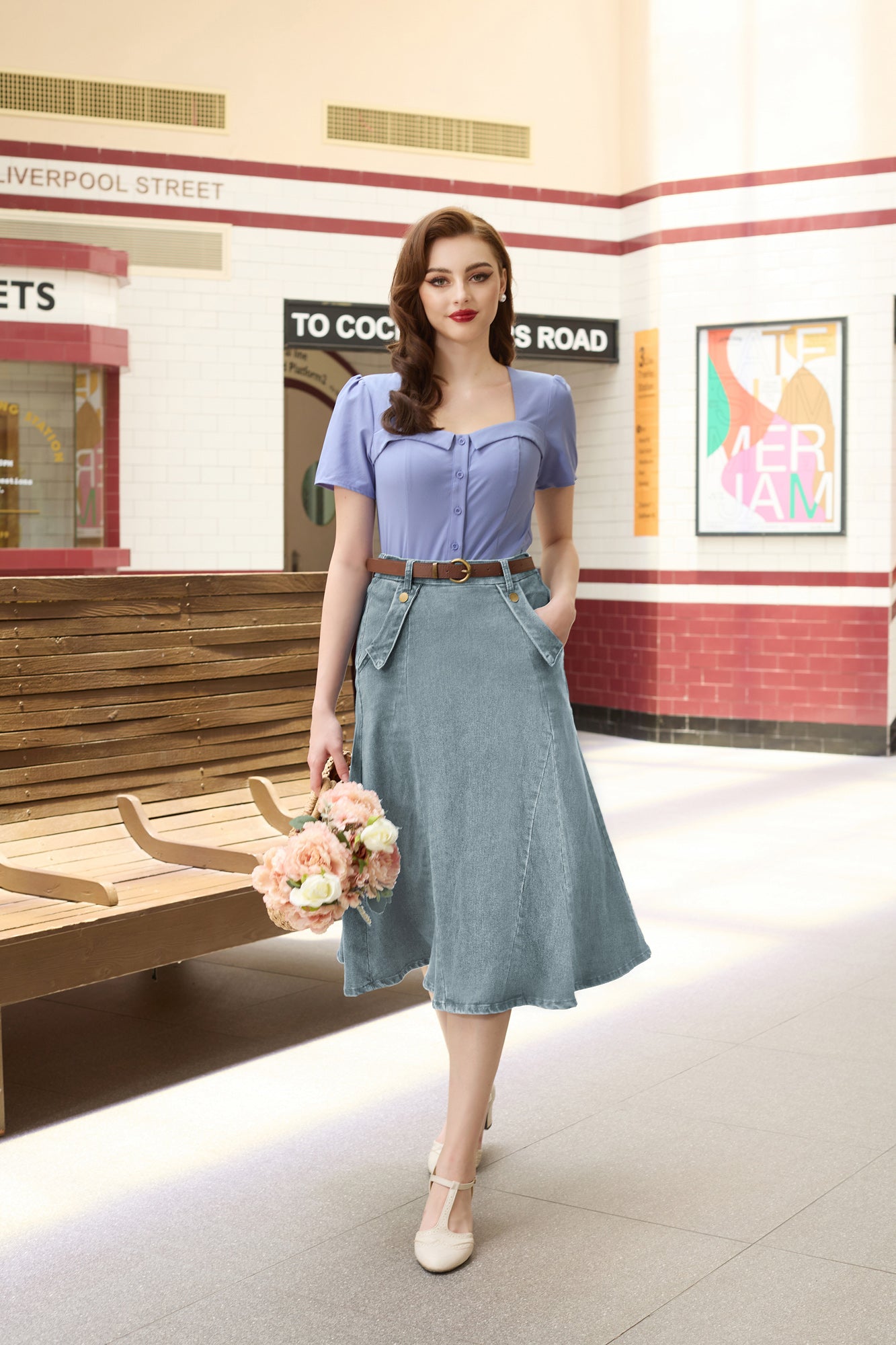 belle poque Denim Skirts Knee Length Vintage Elastic High Waist A-Line Midi Jean Skirts with Pockets