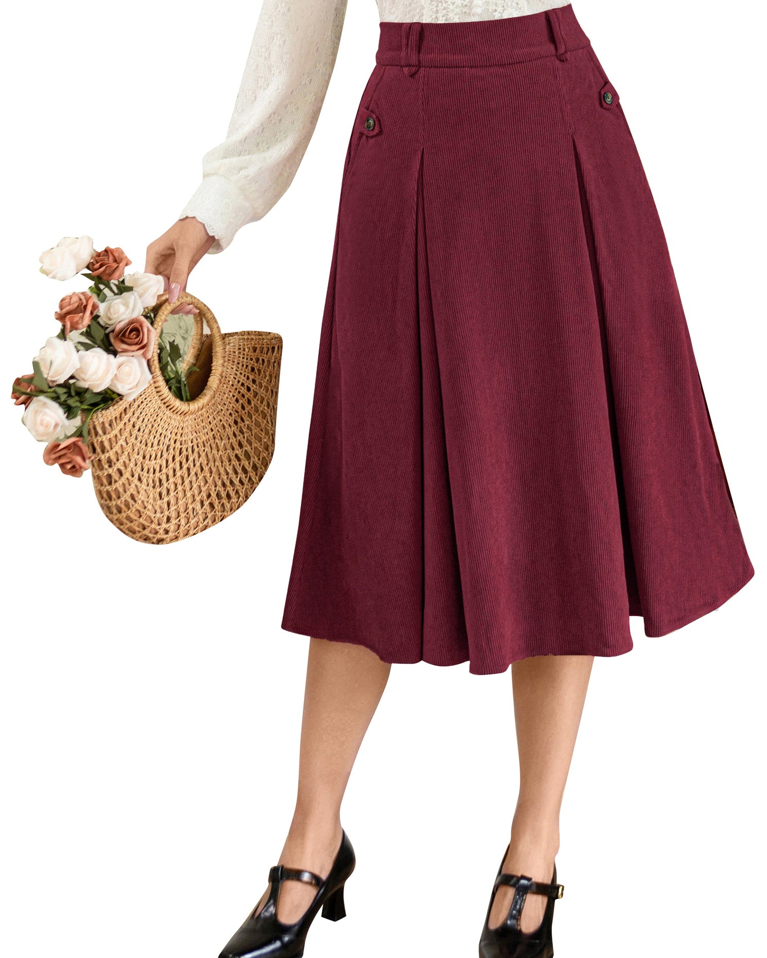 belle poque Vintage Swing Skirt Elastic Waist Flared A-Line Mid-Calf Skirt