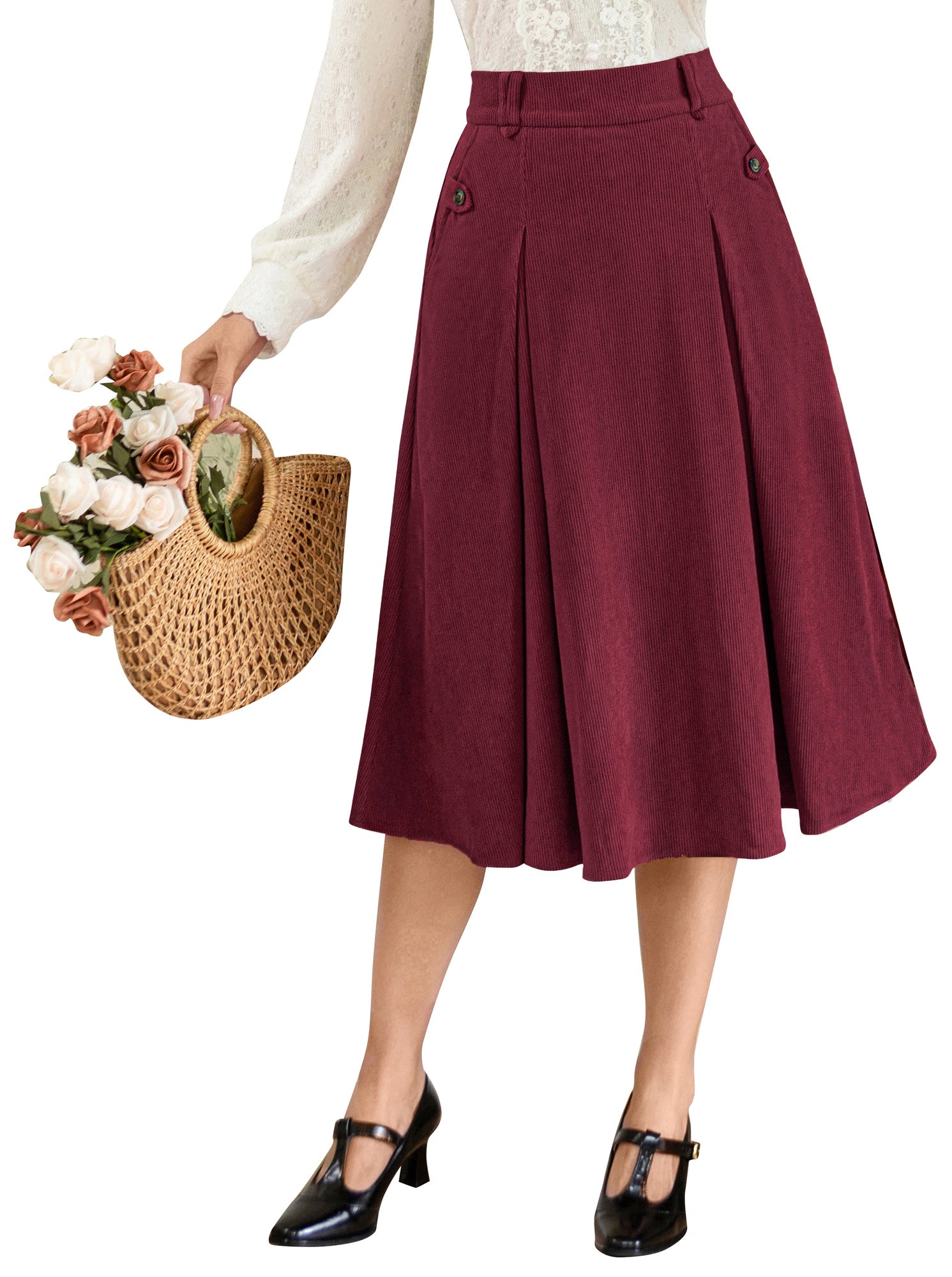 belle poque Vintage Swing Skirt Elastic Waist Flared A-Line Mid-Calf Skirt