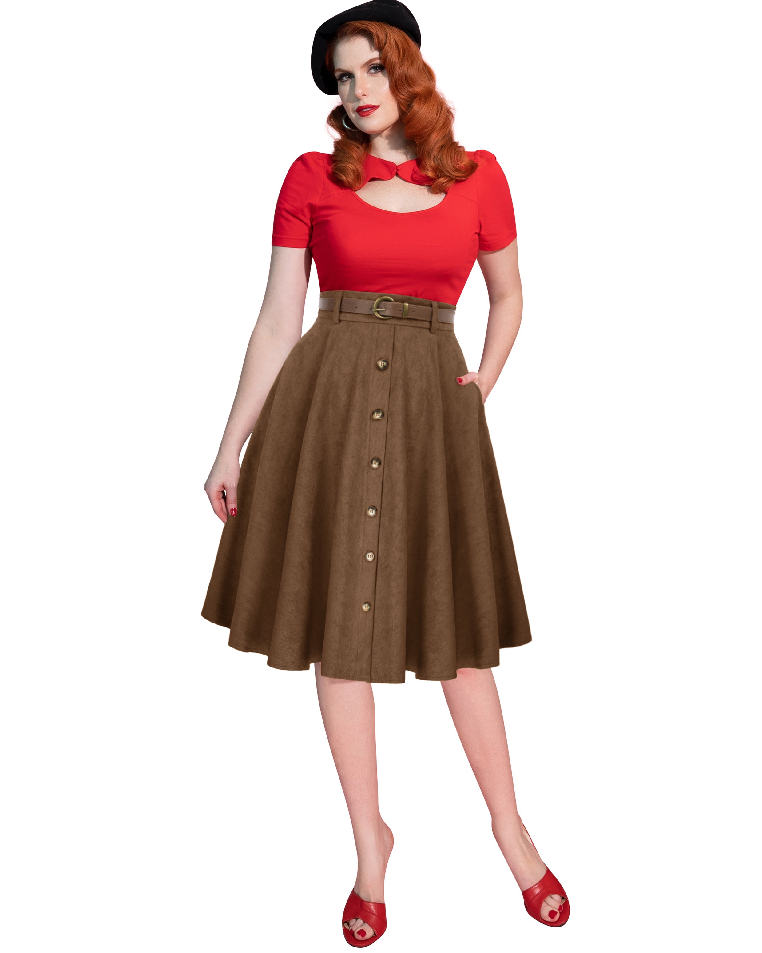 belle poque Corduroy Skirt with Belt Elastic High Waist Mid-Calf Swing Skirt