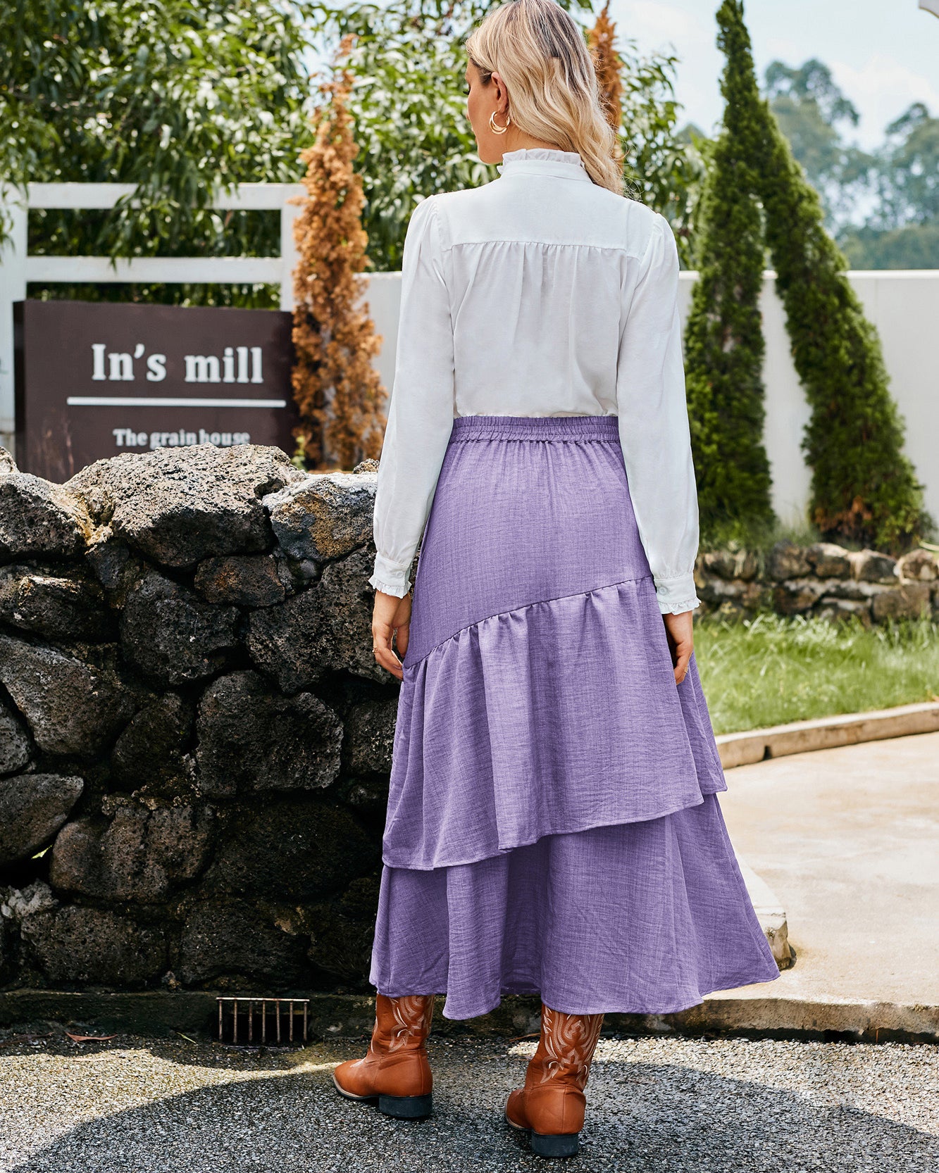 belle poque BP Women Vintage 2-Layer Swing Skirt Elastic High Waist Maxi Skirt