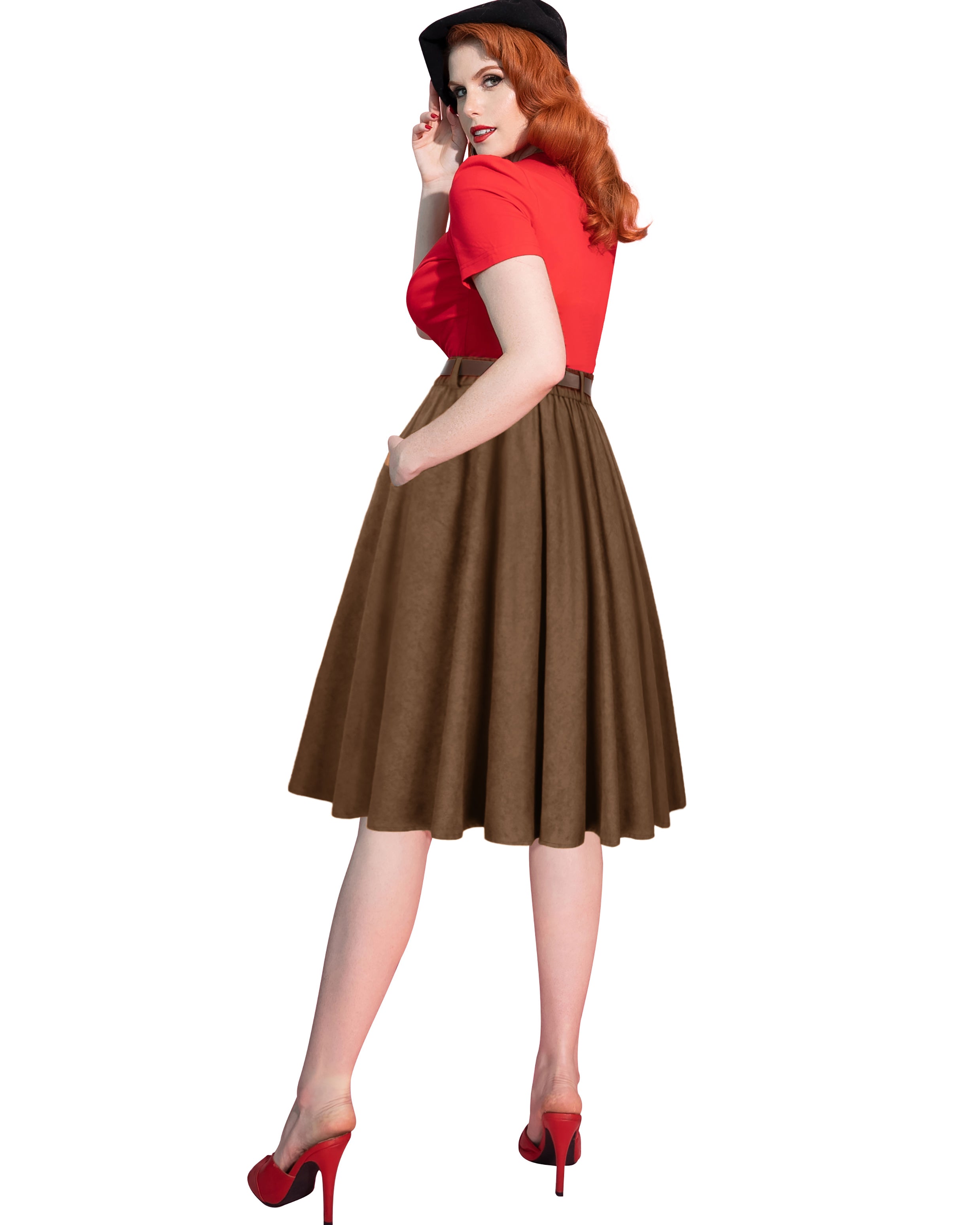 belle poque Corduroy Skirt with Belt Elastic High Waist Mid-Calf Swing Skirt