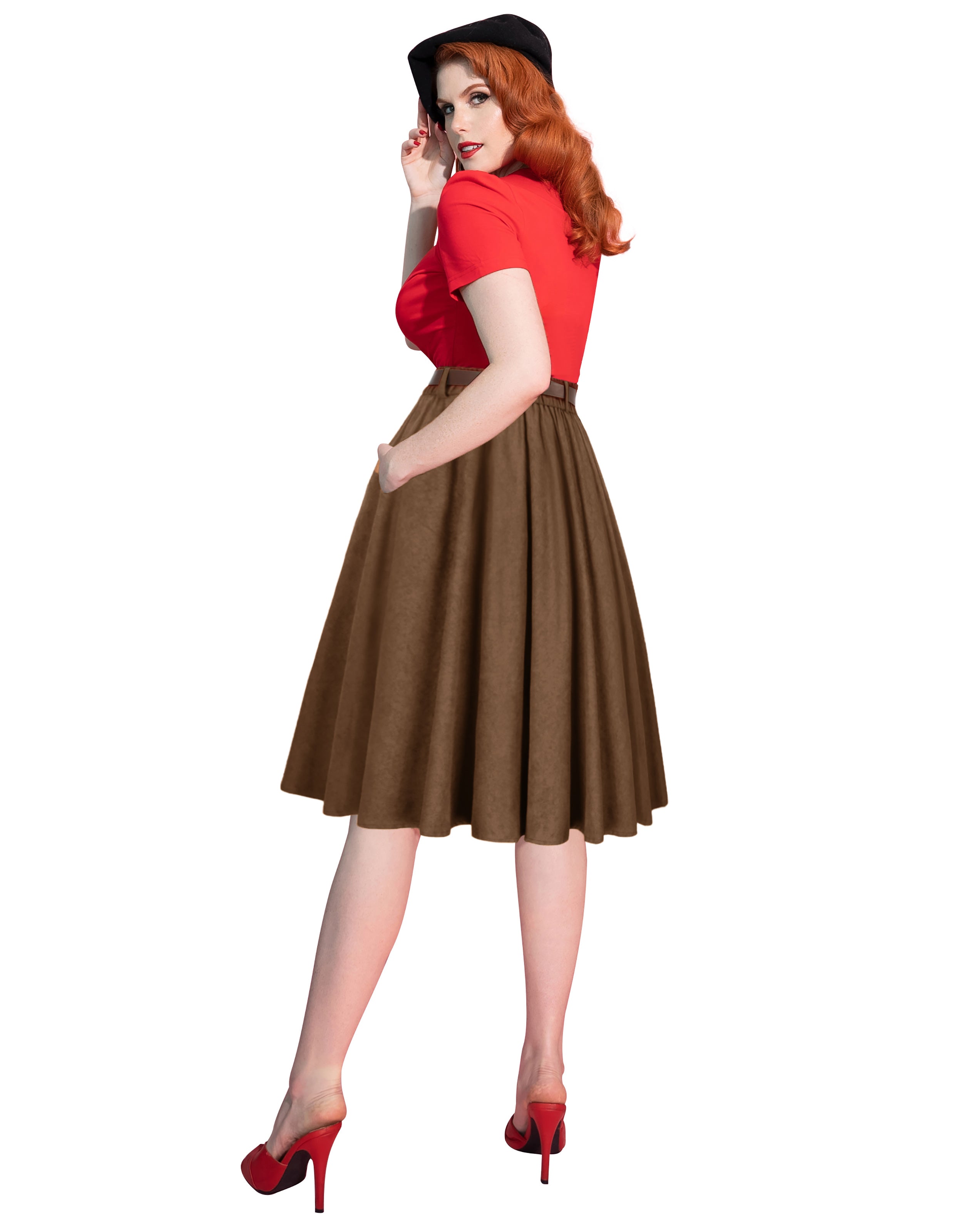 belle poque Corduroy Skirt with Belt Elastic High Waist Mid-Calf Swing Skirt