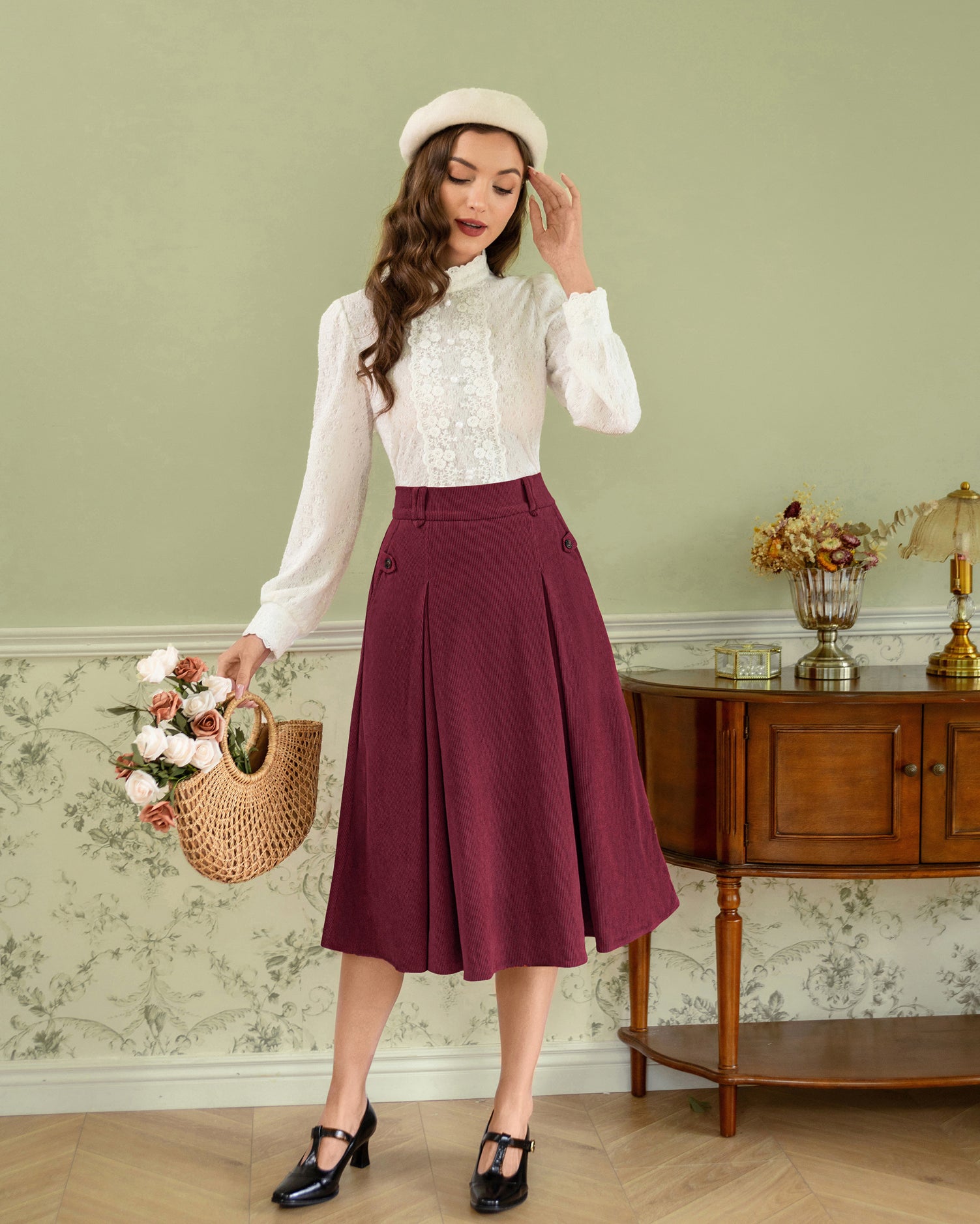 belle poque Vintage Swing Skirt Elastic Waist Flared A-Line Mid-Calf Skirt