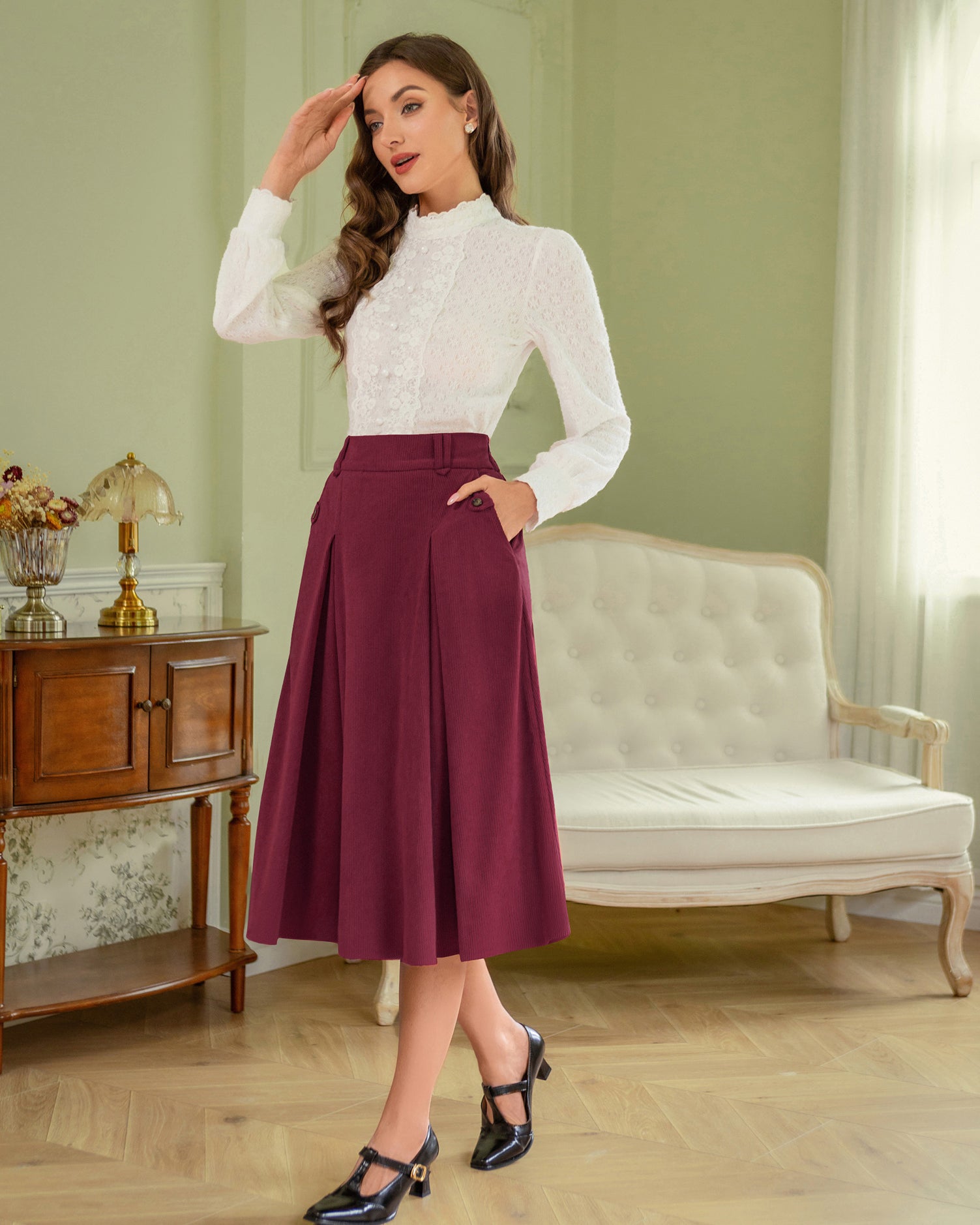 belle poque Vintage Swing Skirt Elastic Waist Flared A-Line Mid-Calf Skirt