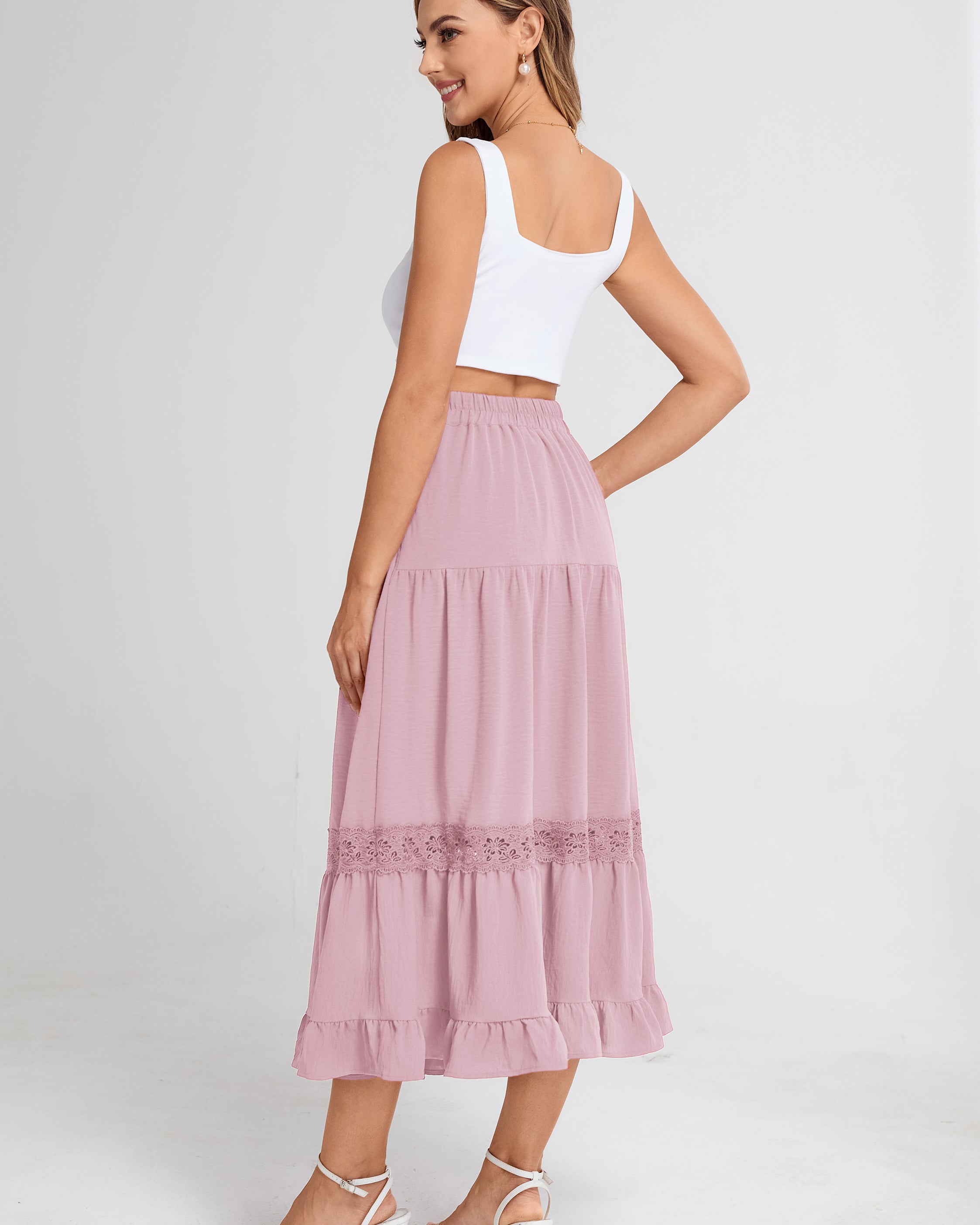 belle poque Women's Midi Skirt Boho Flowy Aline Ruffle Lace Tiered Skirt with Pockets 2025