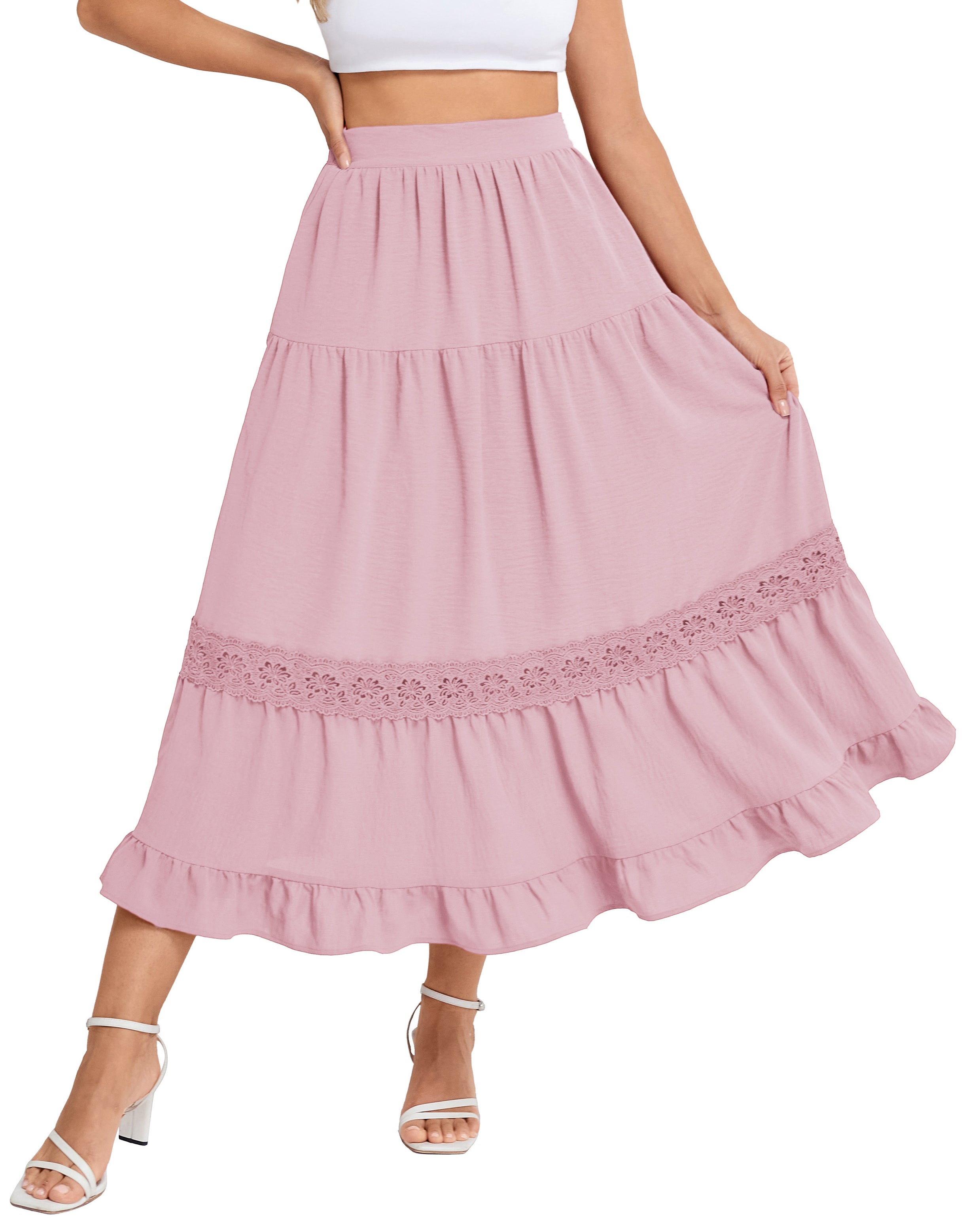belle poque Women's Midi Skirt Boho Flowy Aline Ruffle Lace Tiered Skirt with Pockets 2025