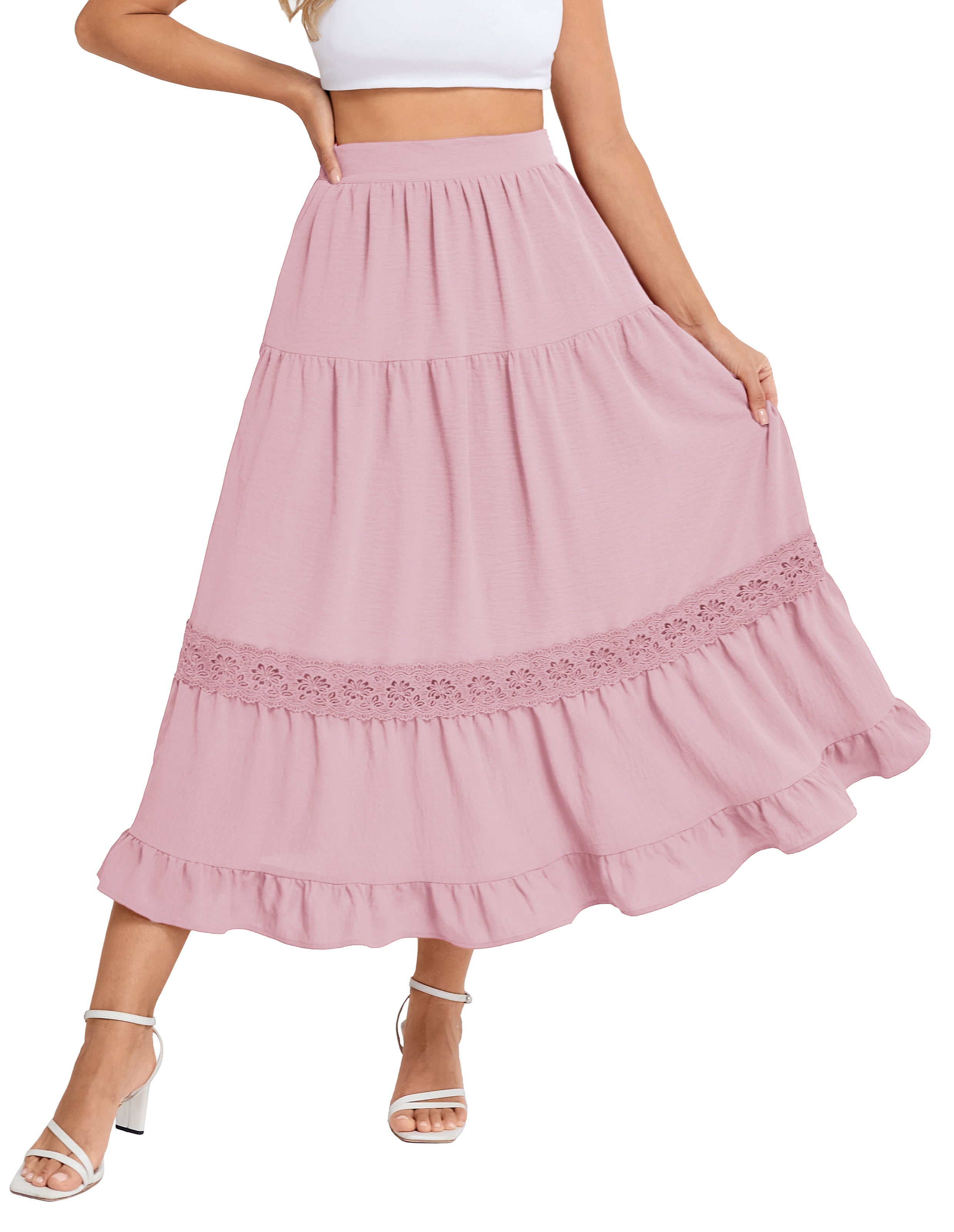 belle poque Women Vintage Tiered Swing Skirt Elastic Waist Ruffled Hem Mid-Calf Skirt